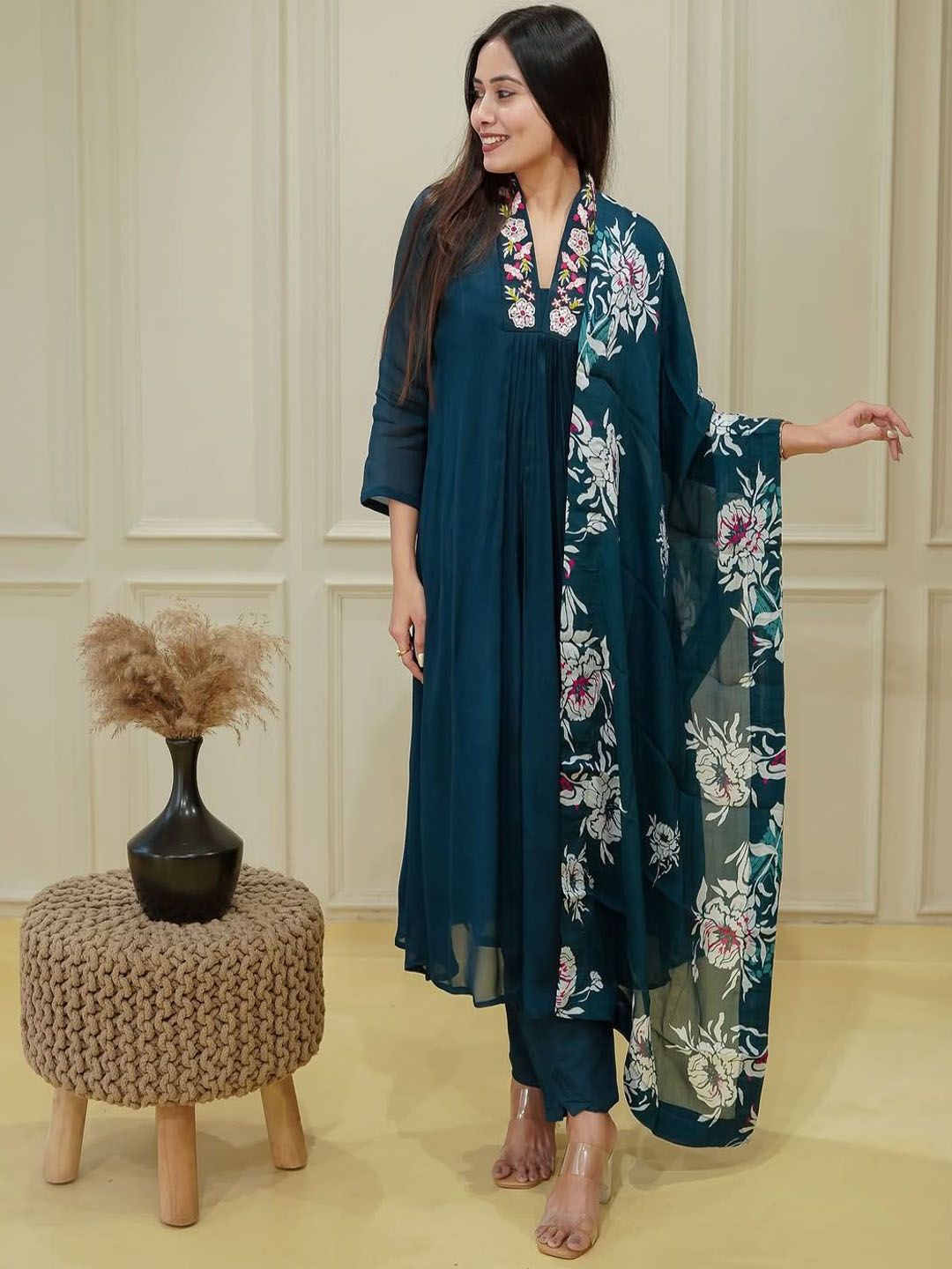 JAPNAAM Women Floral Embroidered Anarkali Kurta with Trousers & Dupatta