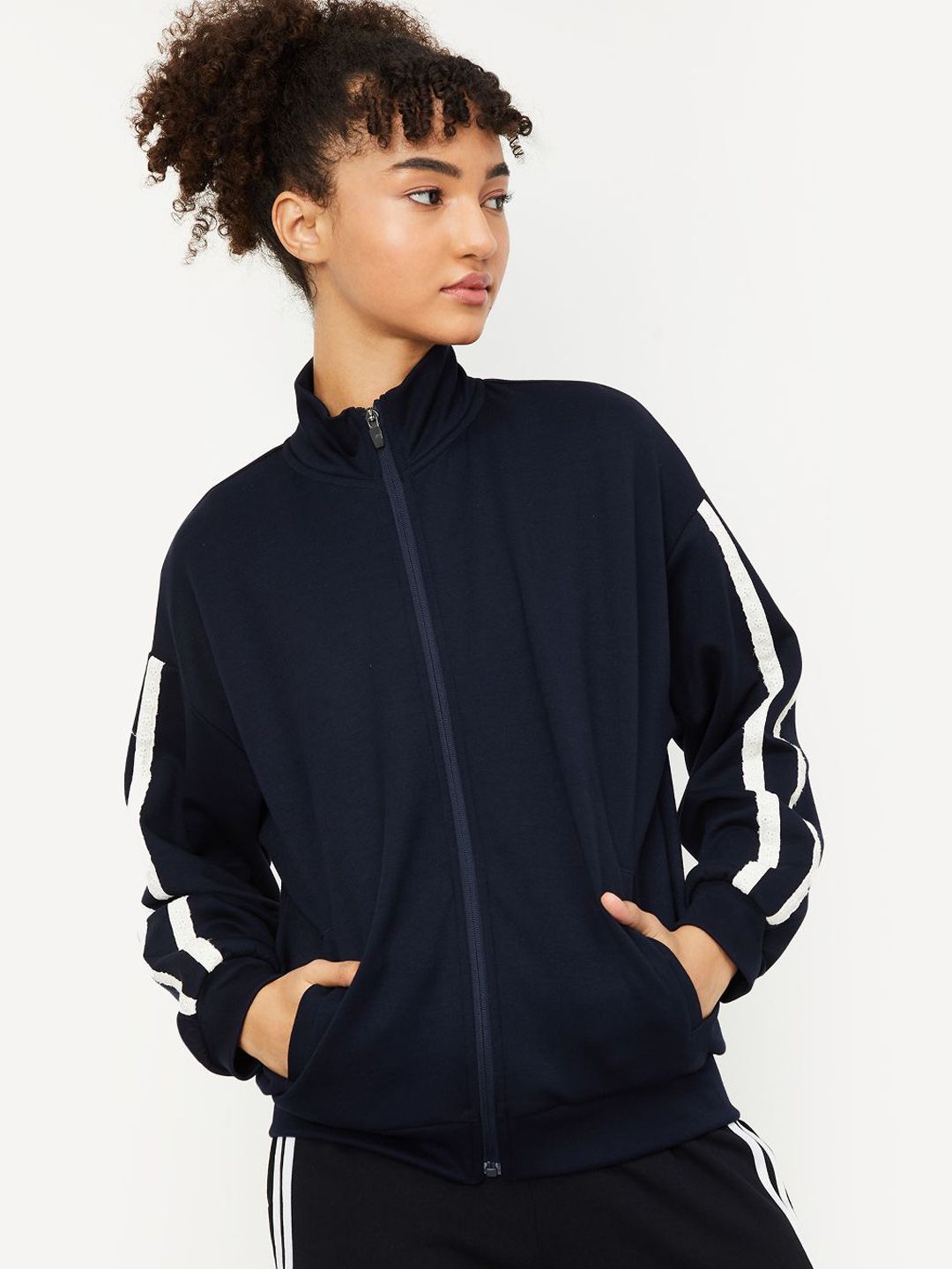 max Women Stand Collar Solid Casual Sporty Jacket