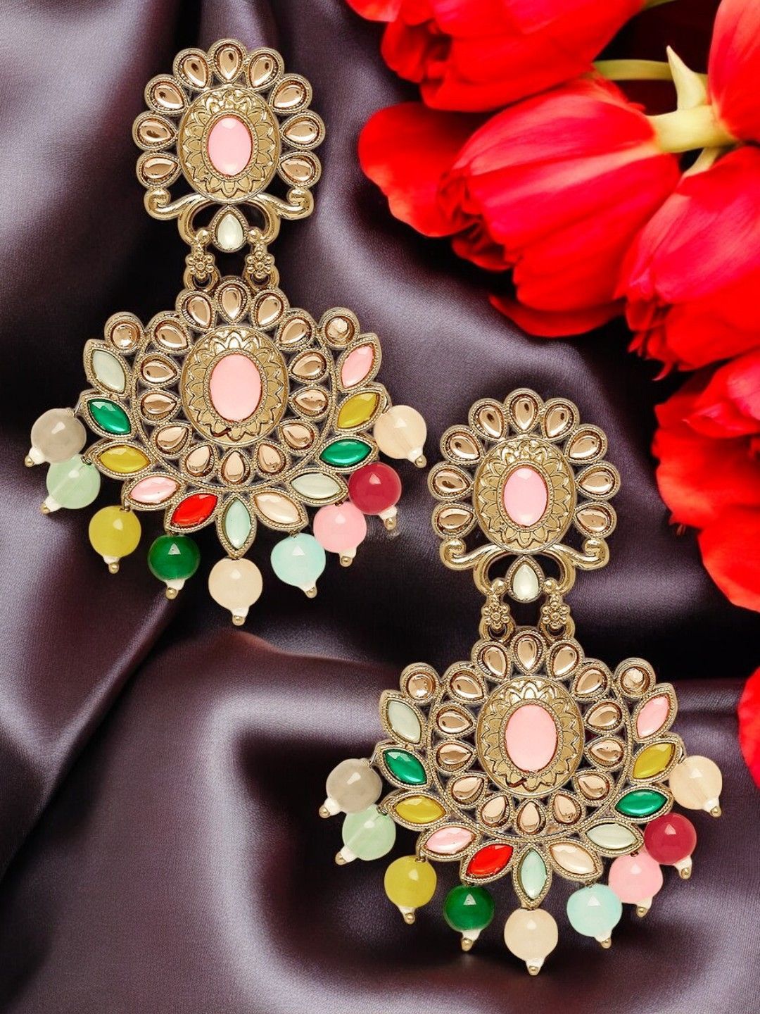 fabula Kundan Stone Studded & Beaded Floral Shaped Drop Earrings-picture-19