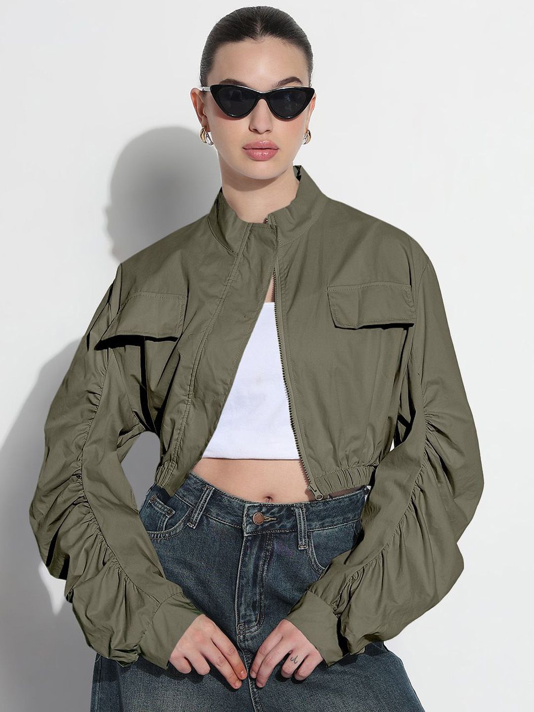 SHOWOFF Women Stand Collar Solid Lightweight Casual Bomber