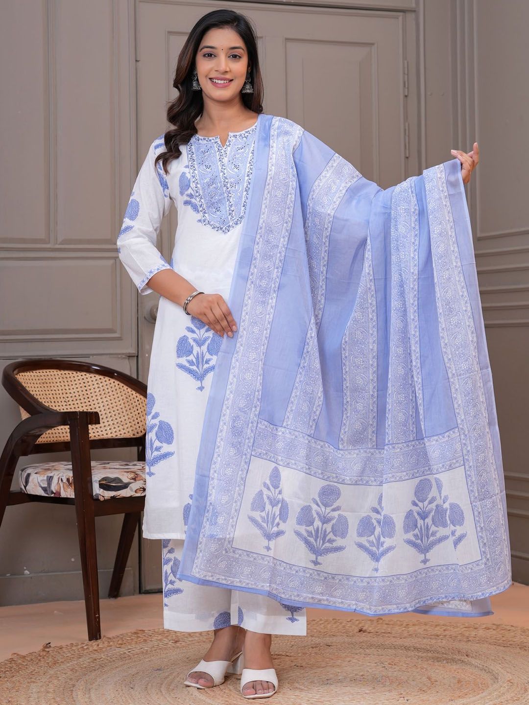 Kanahari Women Floral Printed Cotton Kurta with Trousers & Dupatta