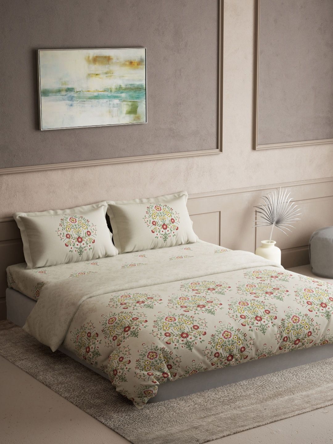 DDecor Beige & Green 4 Pieces Ethnic Motifs Cotton Double King Regular Bedding Set