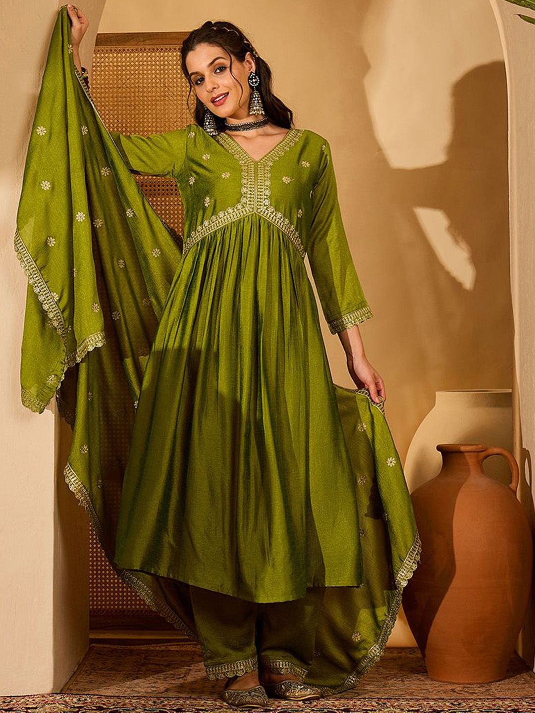 Sangria Women Floral Embroidered Anarkali Kurta with Trousers & Dupatta