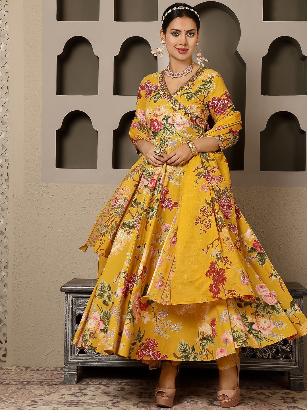 Sangria Women Floral Printed Pure Cotton Anarkali Kurta with Trouser & Dupatta