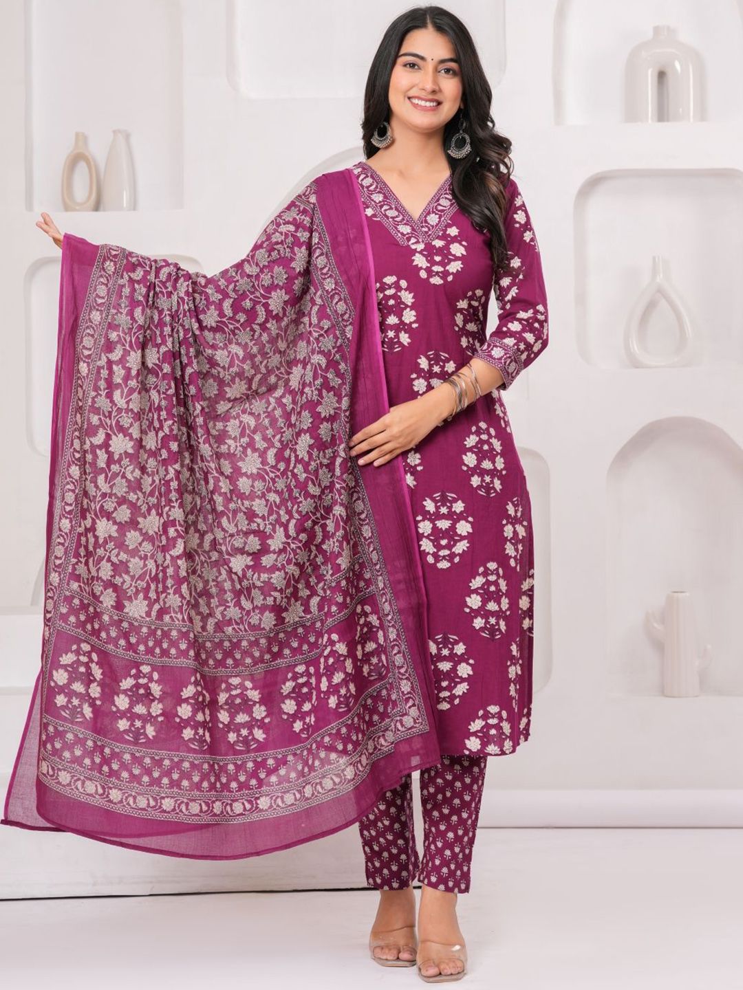 RANI PRINTS Floral Printed Block Print Pure Cotton Straight Kurta With Trousers & Dupatta