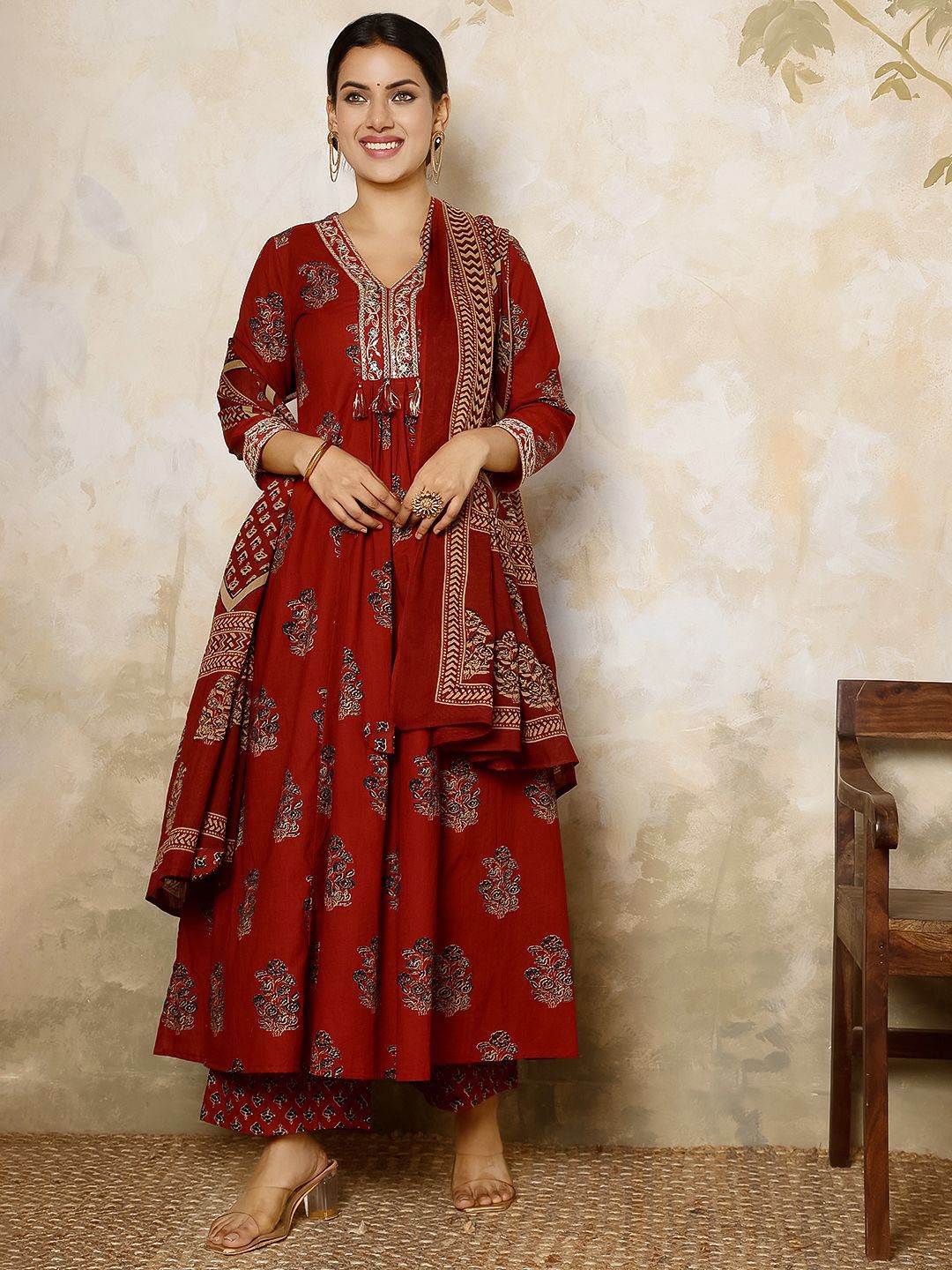 Sangria Women Ethnic Motifs Printed Pure Cotton Anarkali Kurta with Palazzo & Dupatta