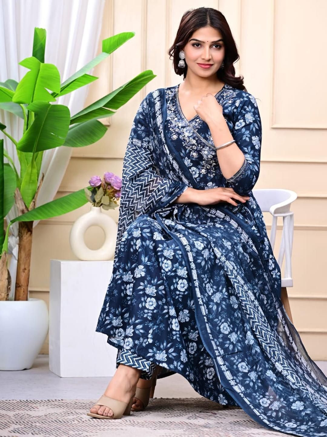 Angkor Women Floral Printed Angrakha Pure Cotton Kurta with Trousers & With Dupatta