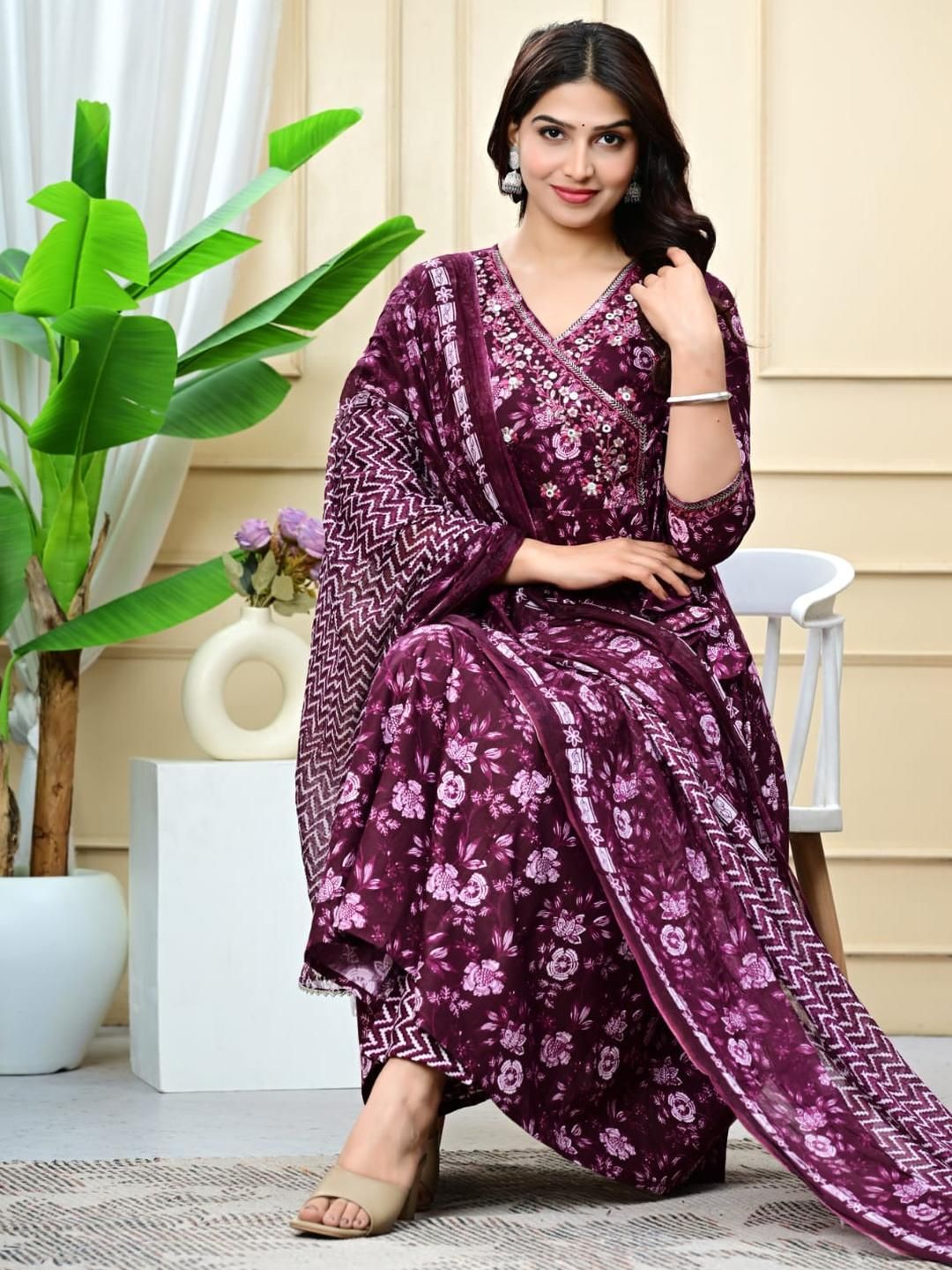 Angkor Women  Printed Embroidered Work Angrakha Kurta Set