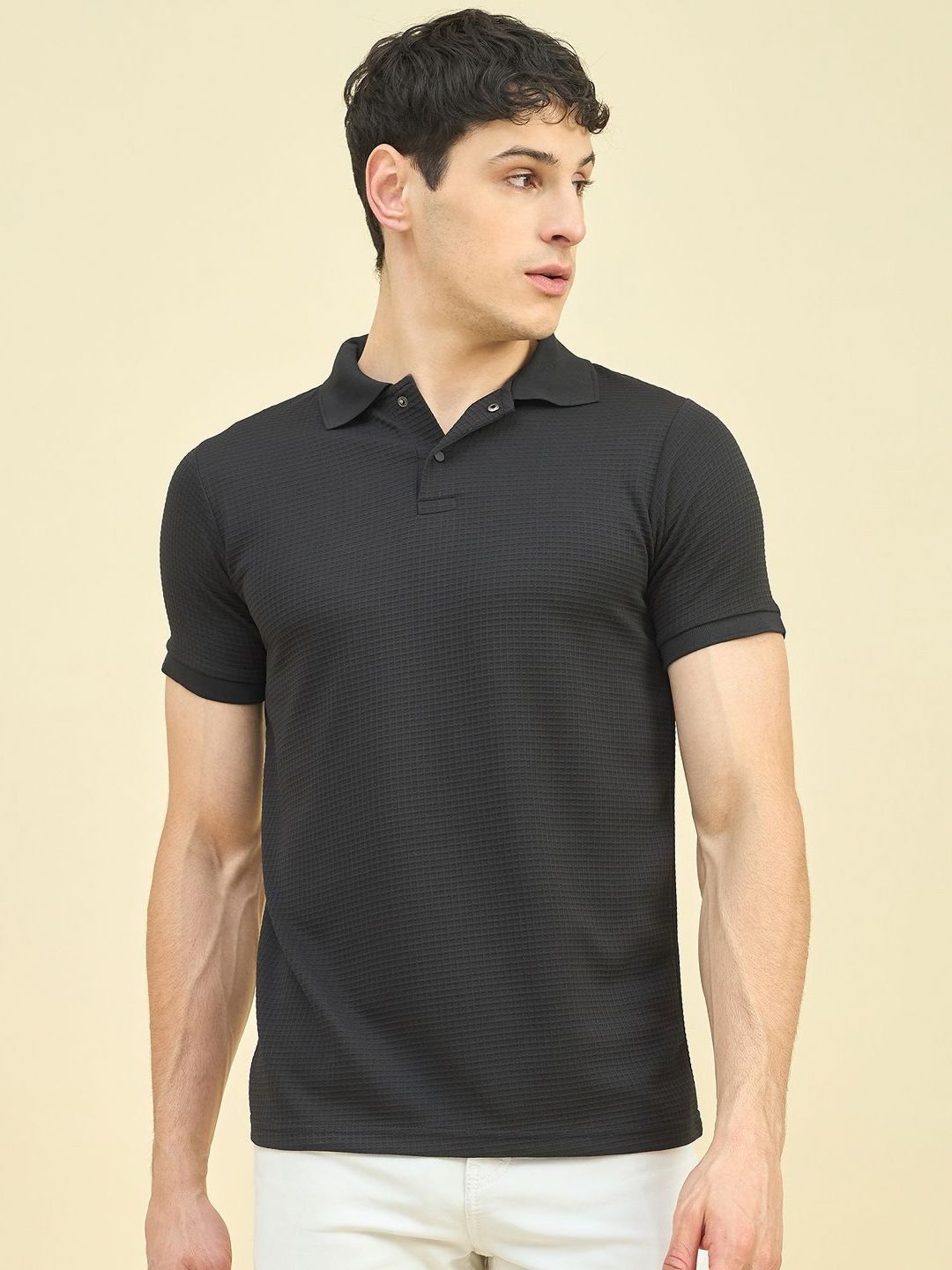 Mast & Harbour Men Self Design Polo Collar Cotton Flat Knit T-shirt-picture-11