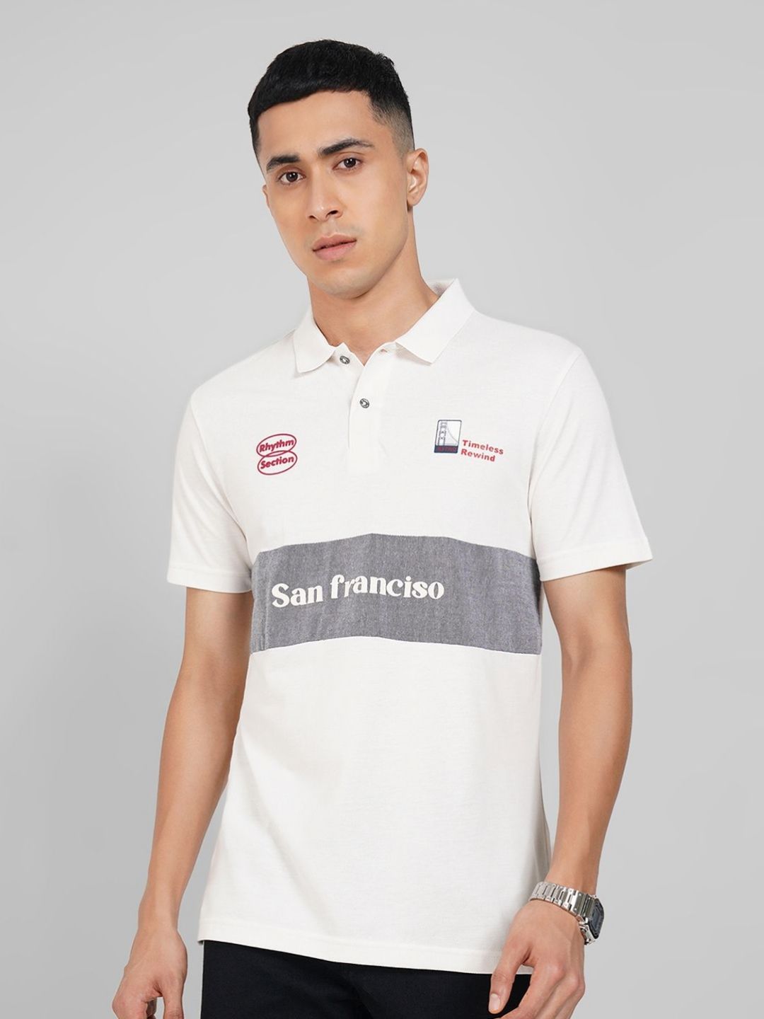 SF JEANS by Pantaloons Men Typography Printed Polo Collar Pure Cotton Slim Fit T-shirt-picture-15