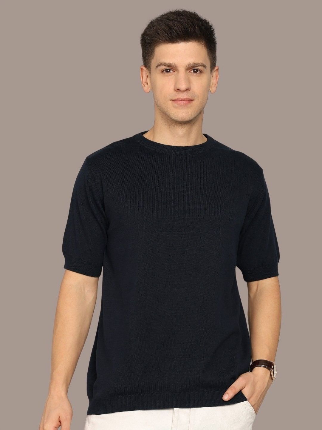 Mast & Harbour Men Solid Round Neck Cotton Flat Knit T-shirt-picture-38