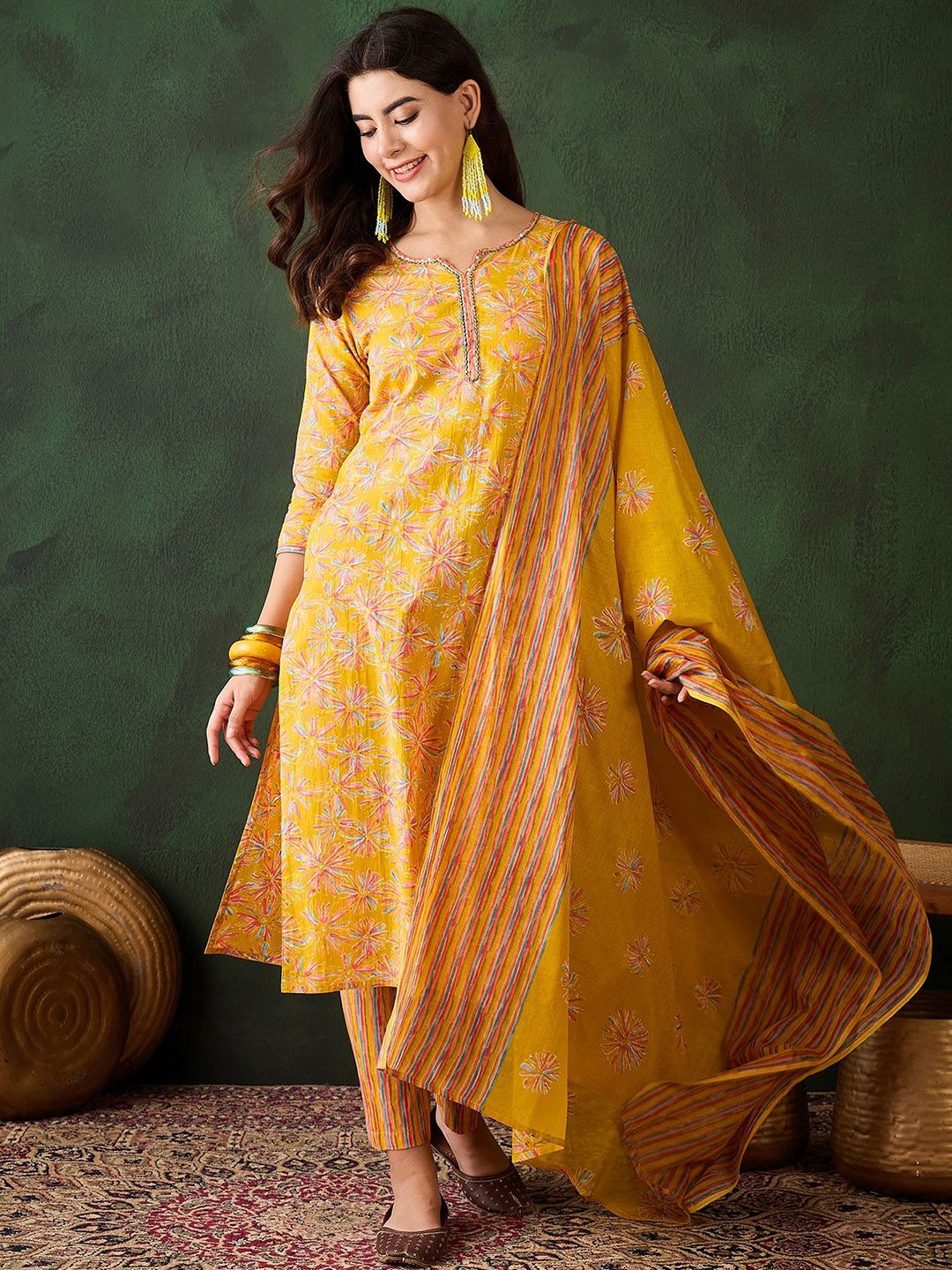 Vastramyaa Women Floral Printed Beads and Stones Pure Cotton Kurta with Trousers & Dupatta