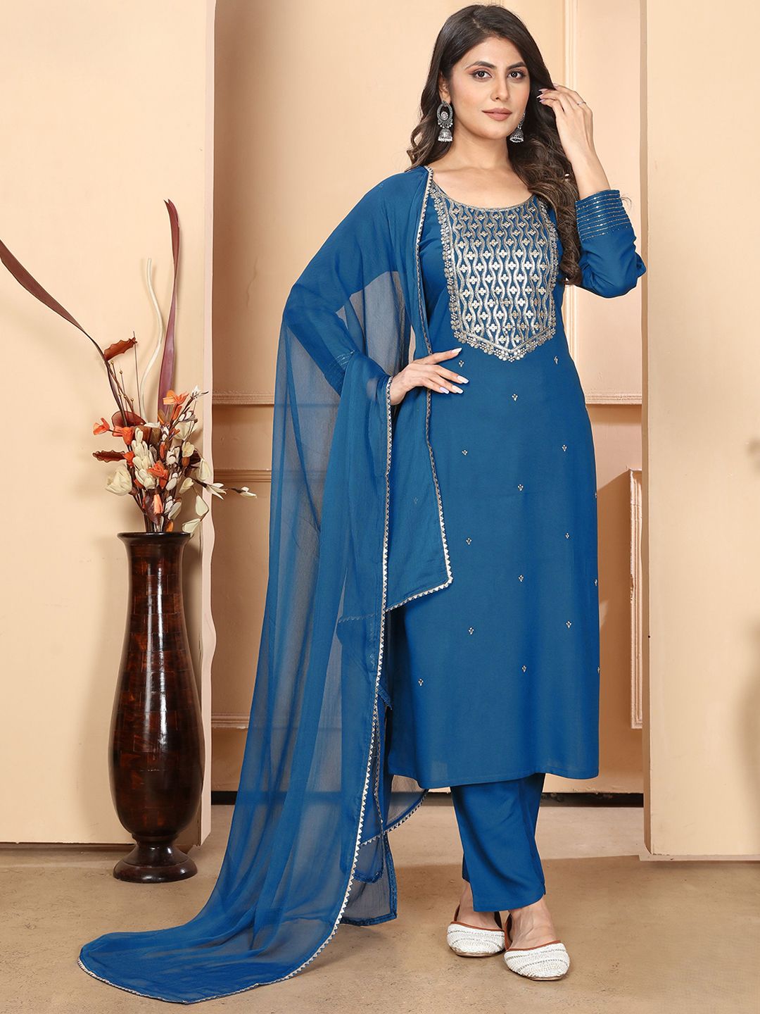 DIVASTRI Women Embroidered Regular Sequinned Kurta with Trousers & Dupatta Kurta Sets