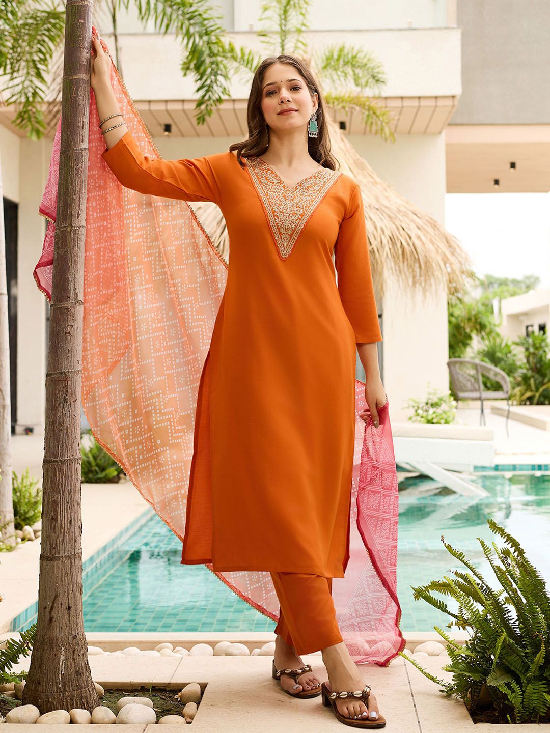 KALINI  Ethnic Motifs Embroidered Round Neck Sequinned Kurta With Trousers & Dupatta