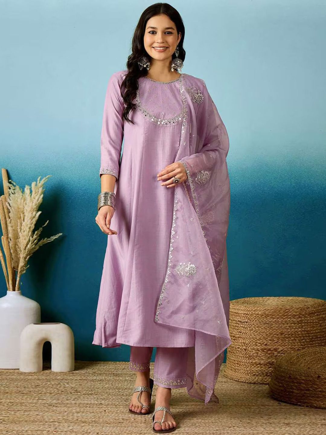 KALINI Floral Embroidered Round Neck Thread Work Kurta With Trousers & Dupatta