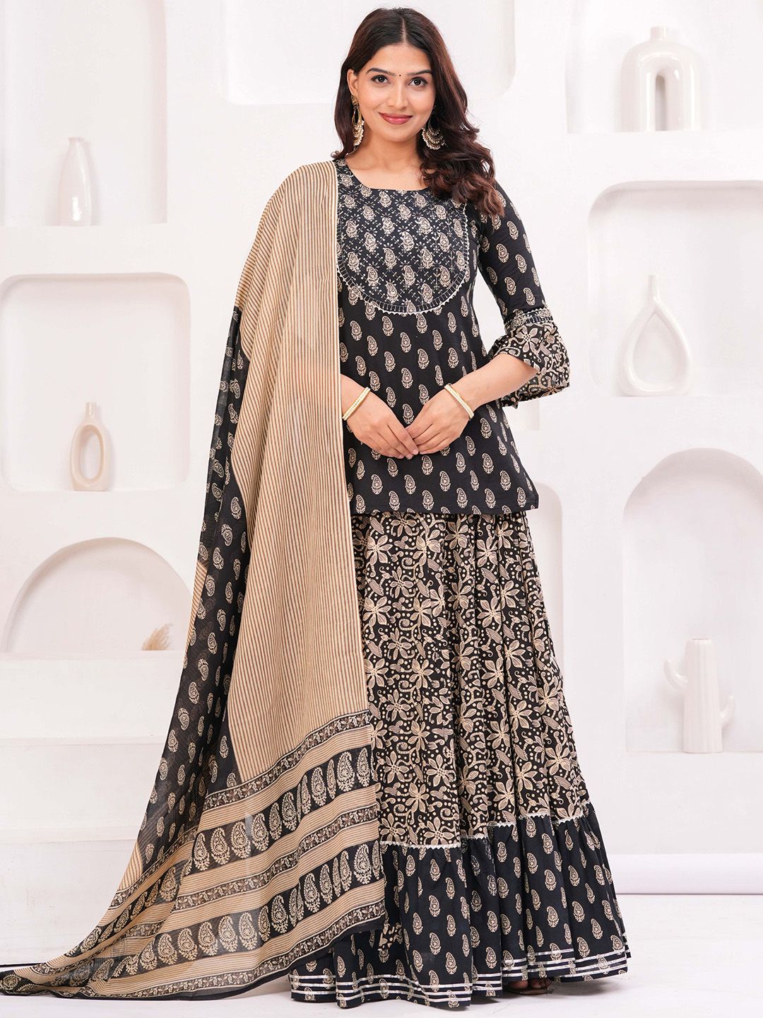 KALINI Women Paisley Printed Cotton Kurti with Skirt & Dupatta