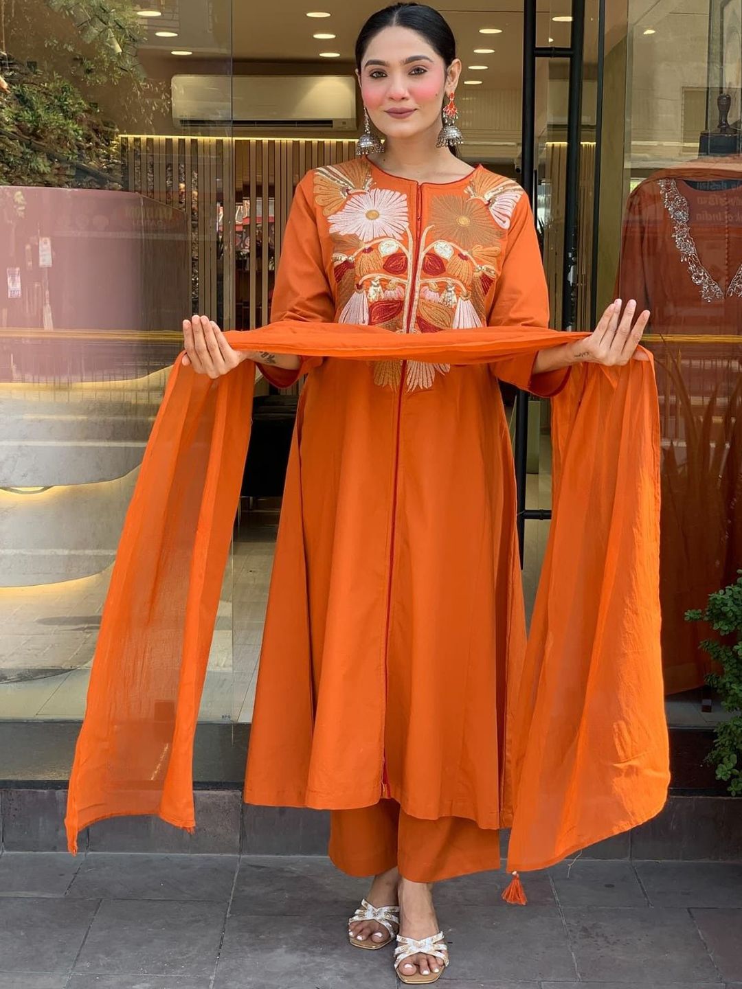 CREEPER Floral Yoke Design Round Neck A-Line Kurta With Trousers & Dupatta