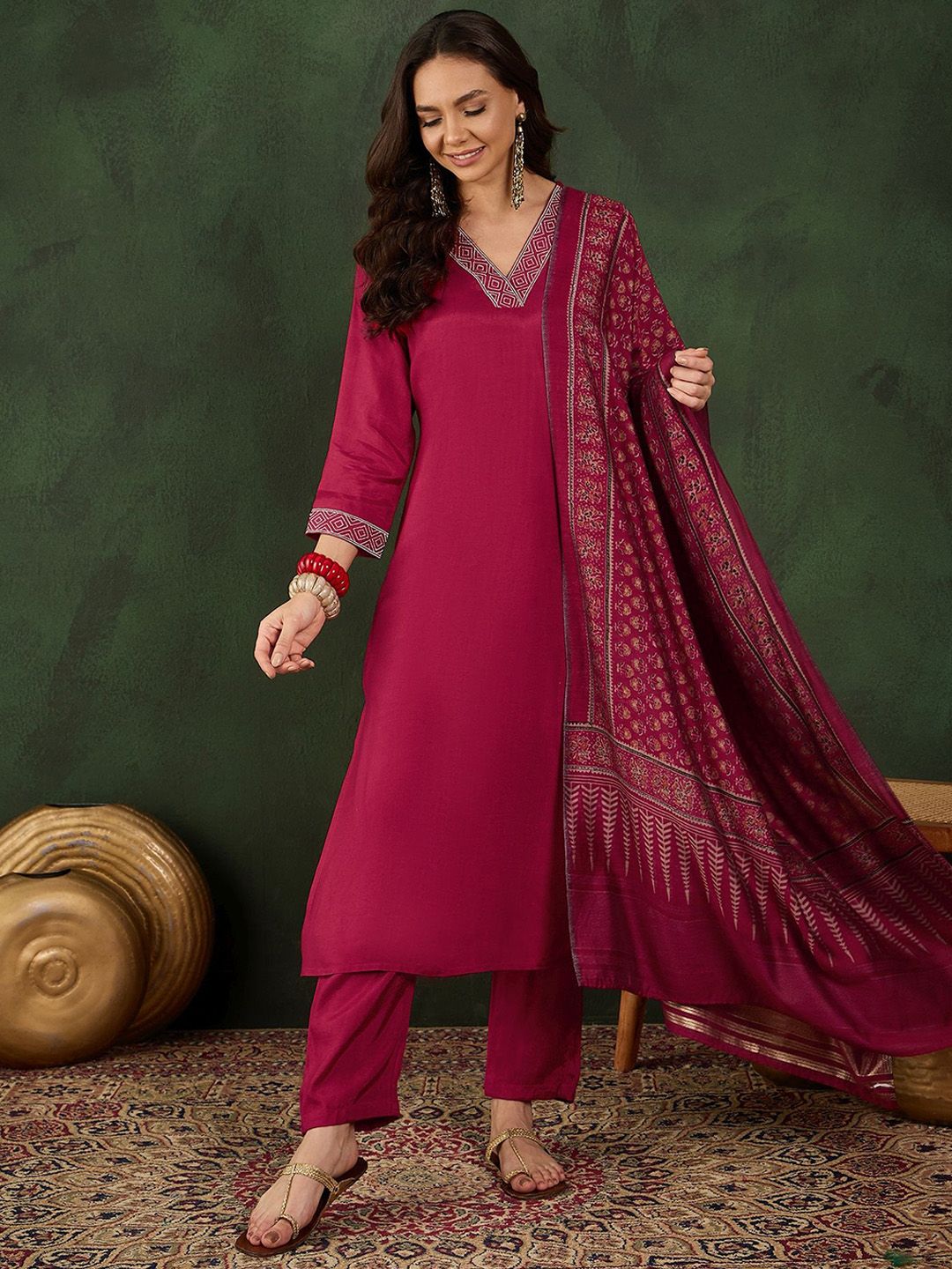 Sangria V-Neck Thread Work Straight Kurta With Trousers & Dupatta-picture-31