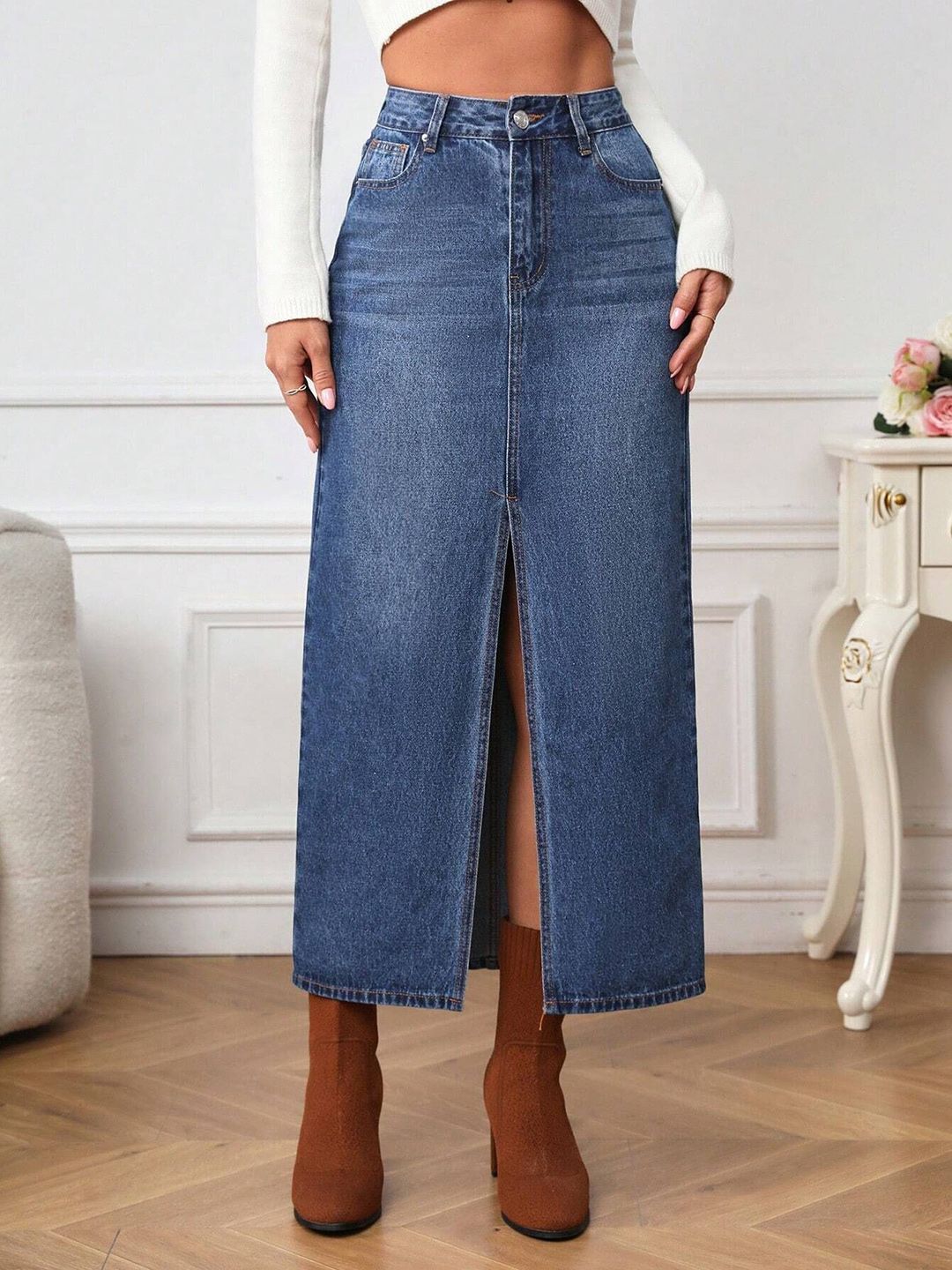 dolsia A-Line Denim Maxi Skirt-image-43