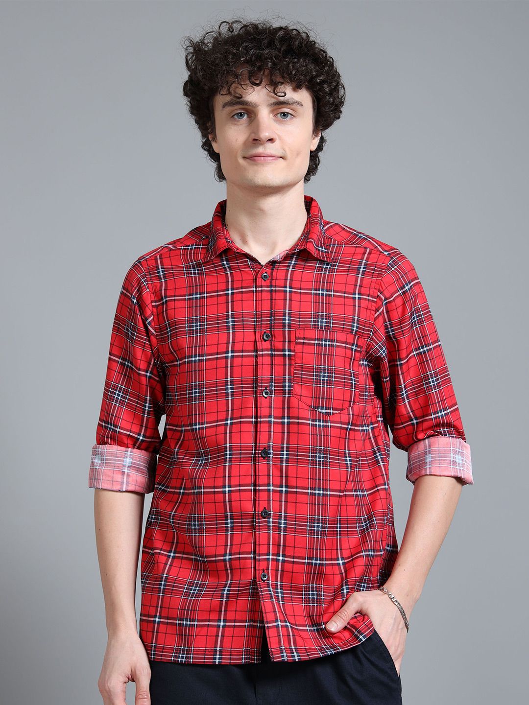 Moda Rapido Red & Black Tartan Checked Relaxed Oversized Casual Shirt-image-21