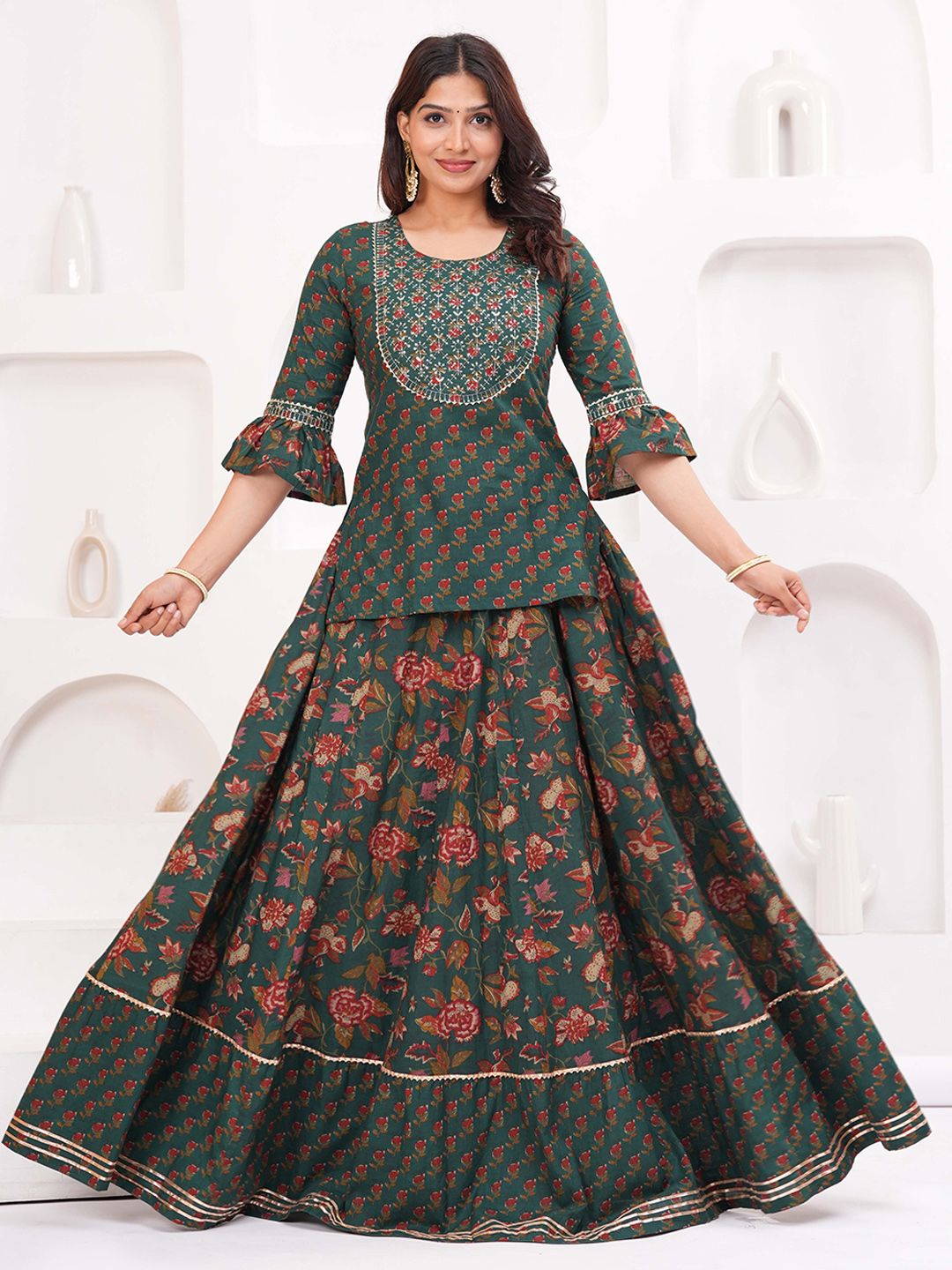 KALINI Women Floral Printed Cotton A-Line Kurti with Skirt-picture-13