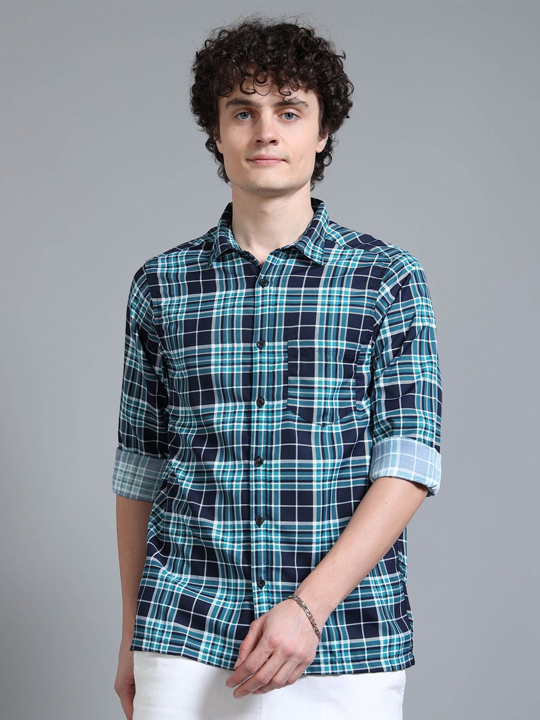 Moda Rapido Turquoise Blue & Black Tartan Checks Oversized Casual Shirt-image-5