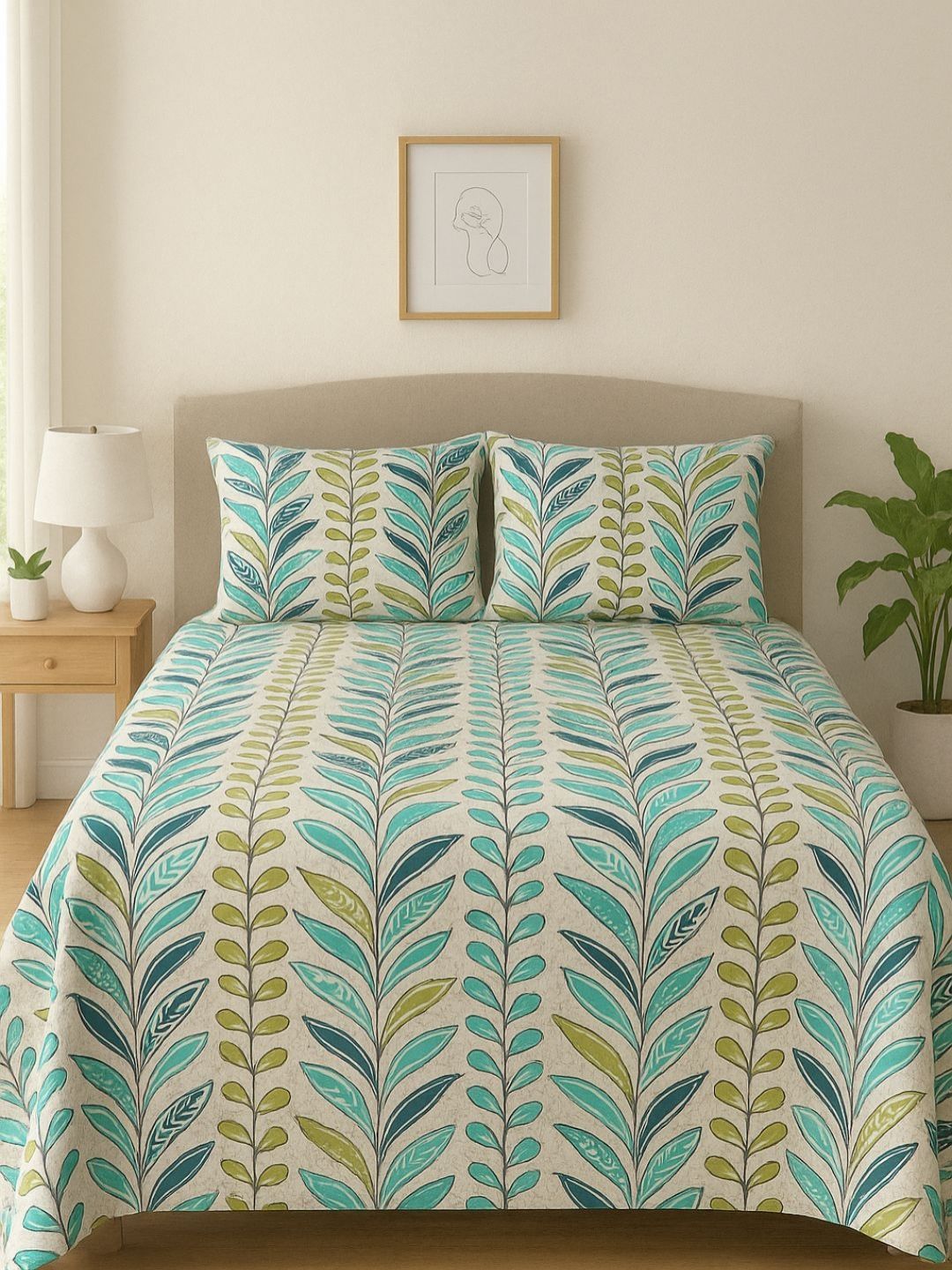 Aura Blue & Green Floral 144 TC Queen Bedsheet with 2 Pillow Covers-picture-45