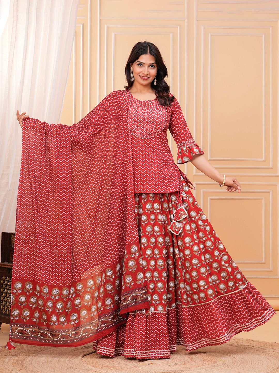 KALINI Women Floral Printed Regular Pure Cotton Kurti with Skirt & Dupatta