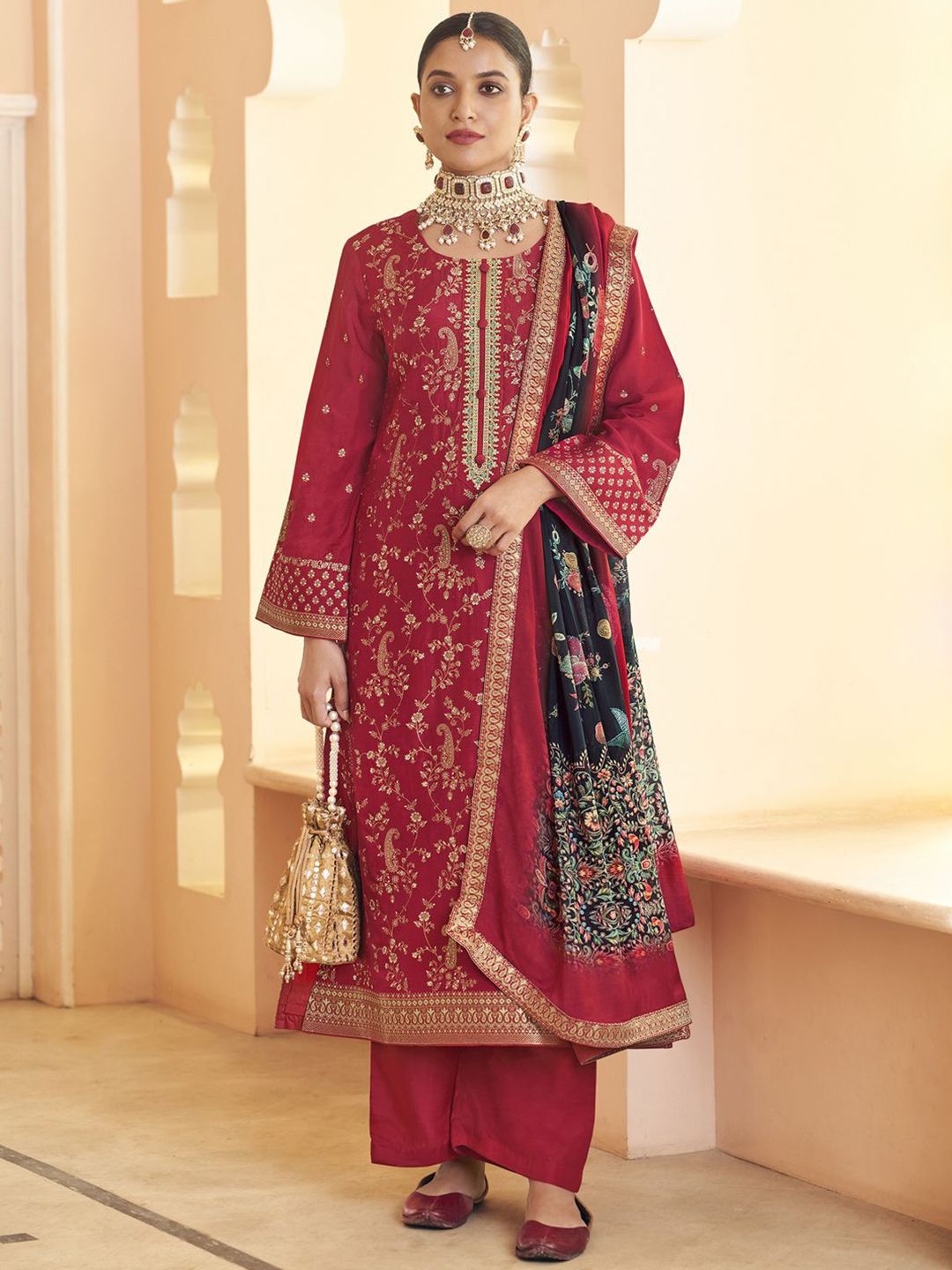Stylee LIFESTYLE Embroidered Pure Silk Unstitched Dress Material-image-1