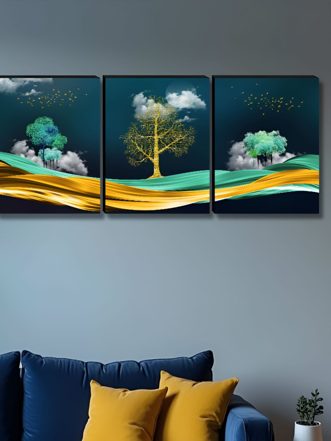 Livin'luxe Blue & Gold-Toned 3 Pieces Tree Printed Wall Arts-picture-28