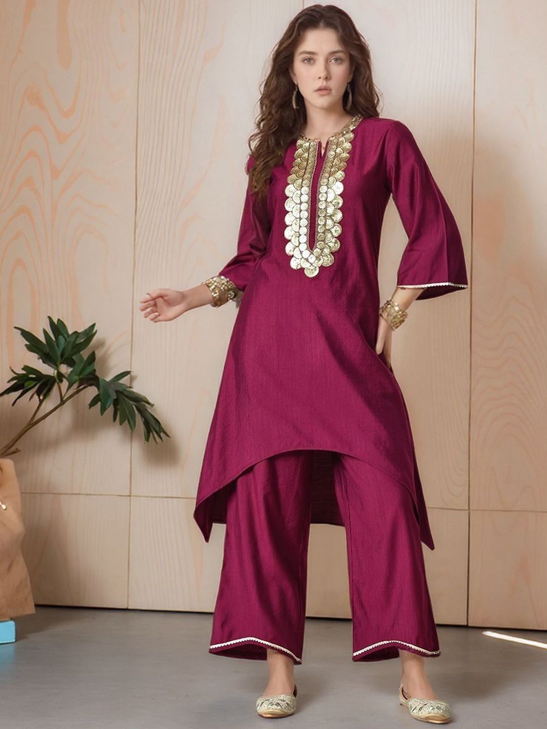 HERE&NOW Geometric Yoke Design Notch Neck Sequinned A-Line Kurta With Palazzos