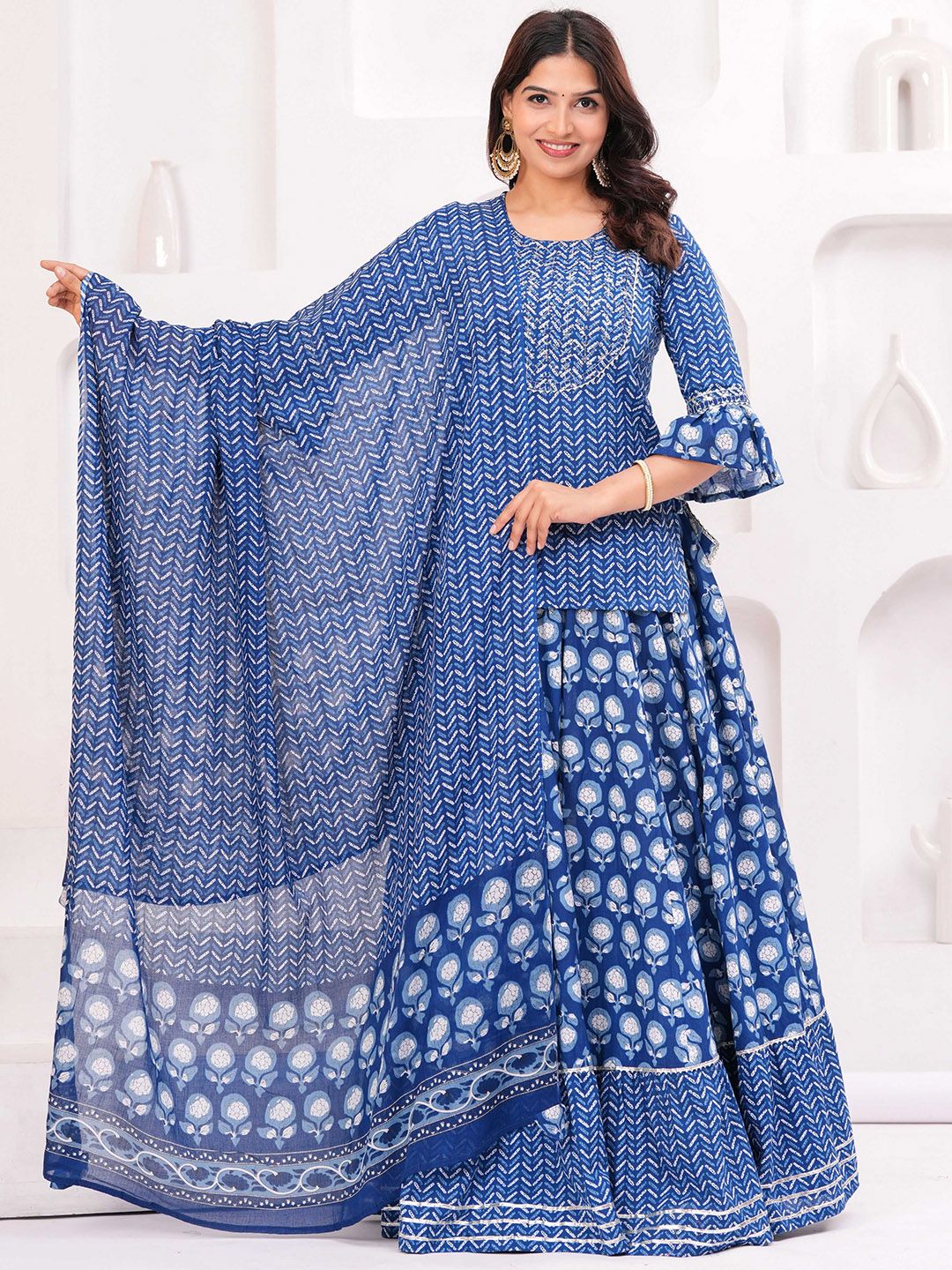 KALINI Women Ethnic Motifs Printed Pure Cotton Kurti with Skirt & Dupatta