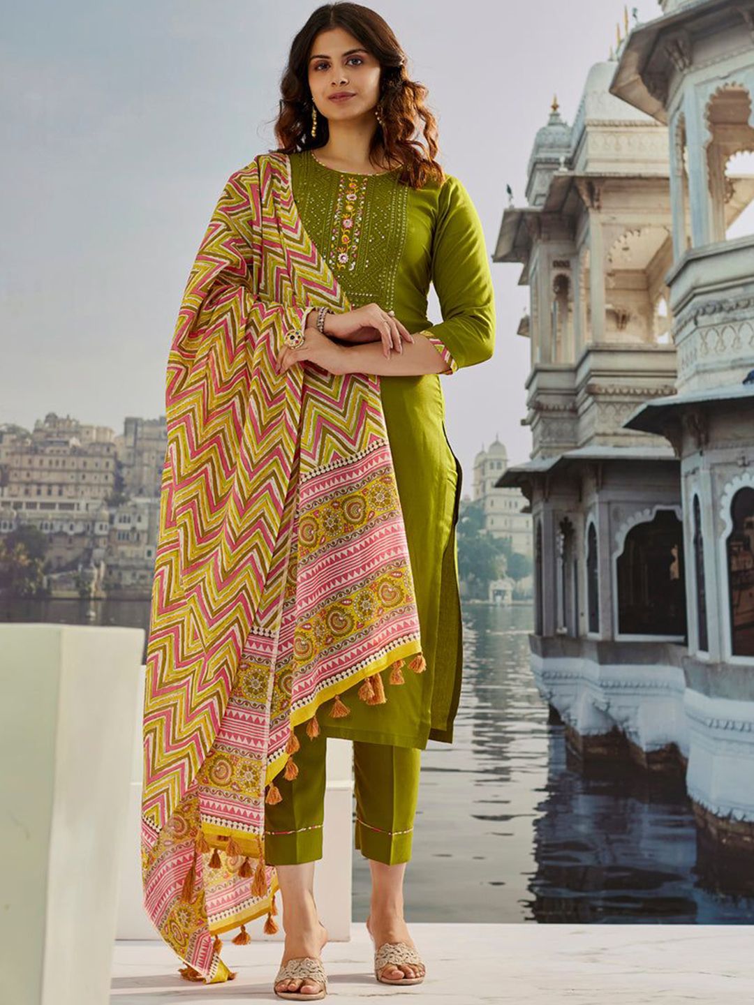 KALINI Women Embroidered Regular Thread Work Kurta with Trousers & With Dupatta