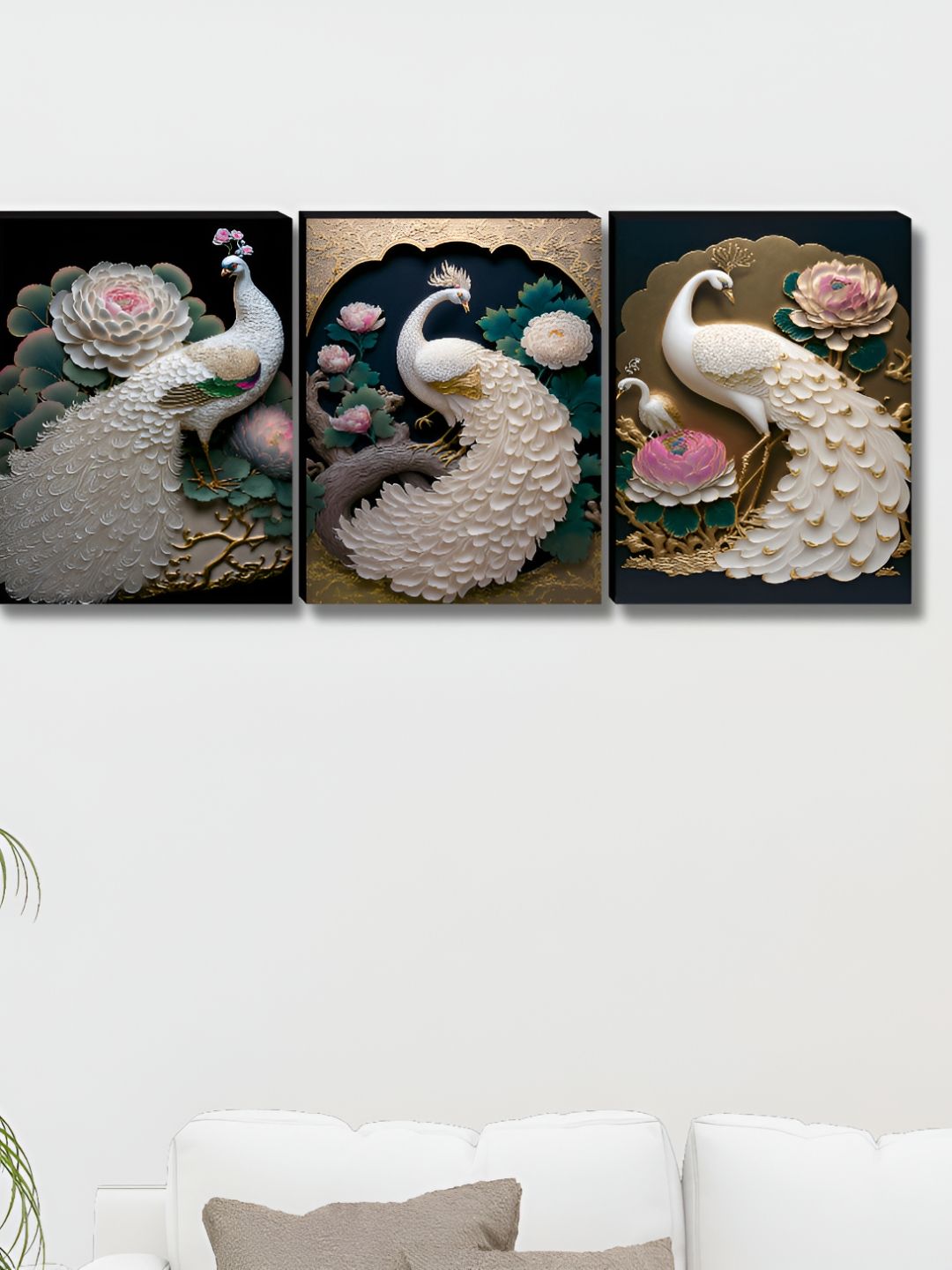 Livin'luxe White & Gold-Toned 3 Pieces Peacock & Floral Printed Wall Arts-picture-12