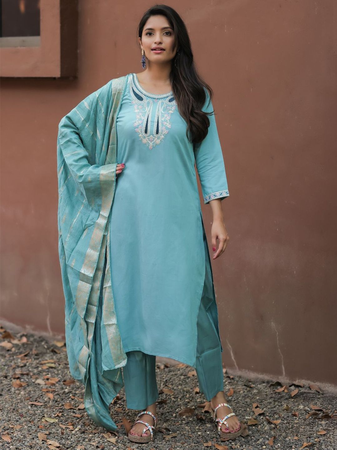 KALINI Women Ethnic Motifs Embroidered Regular Thread Work Kurta with Trousers & Dupatta