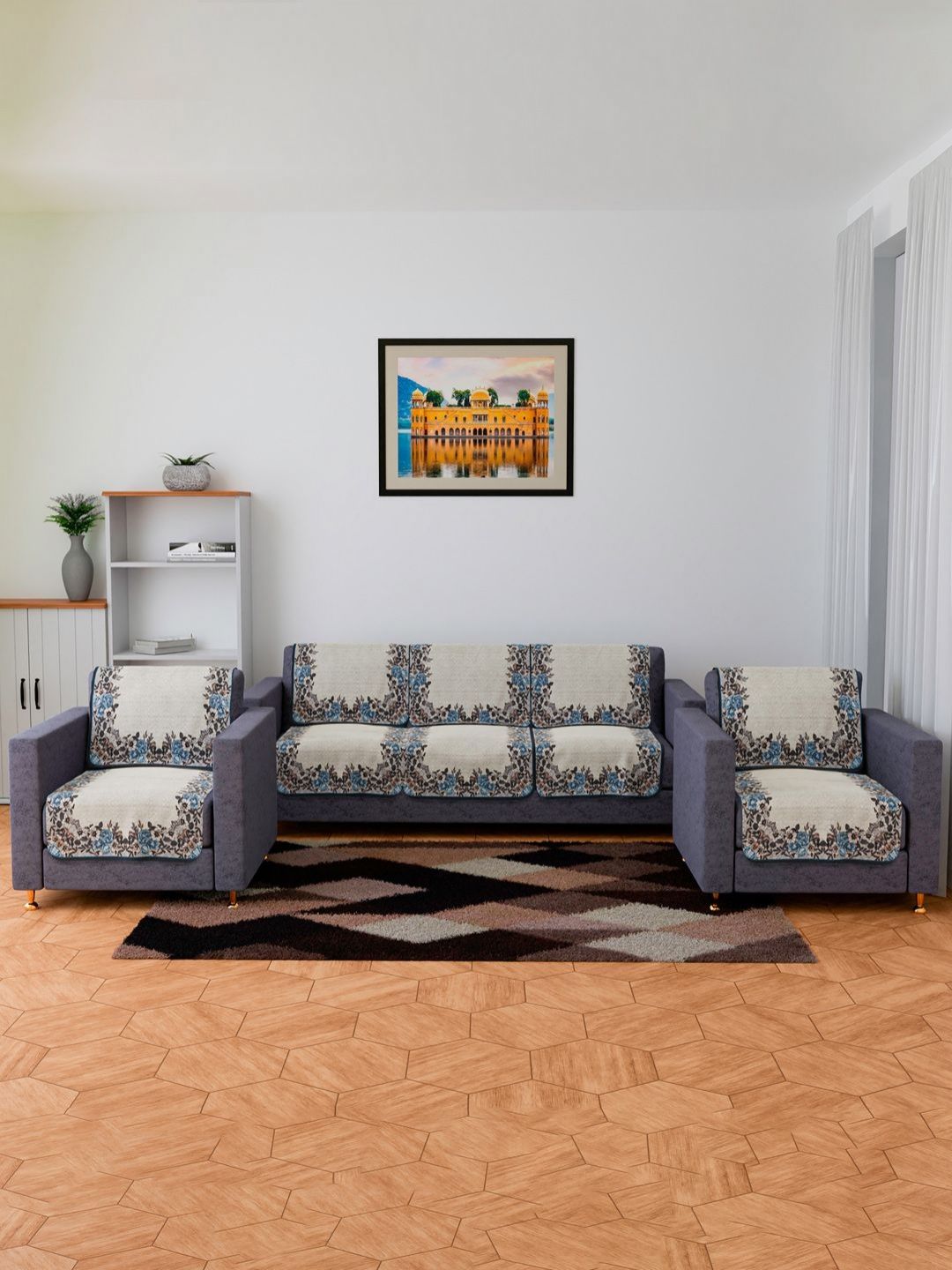 RUBOXA Cream-Coloured & Blue 10 Pieces Floral Design Velvet 5-Seater Sofa Covers-picture-20