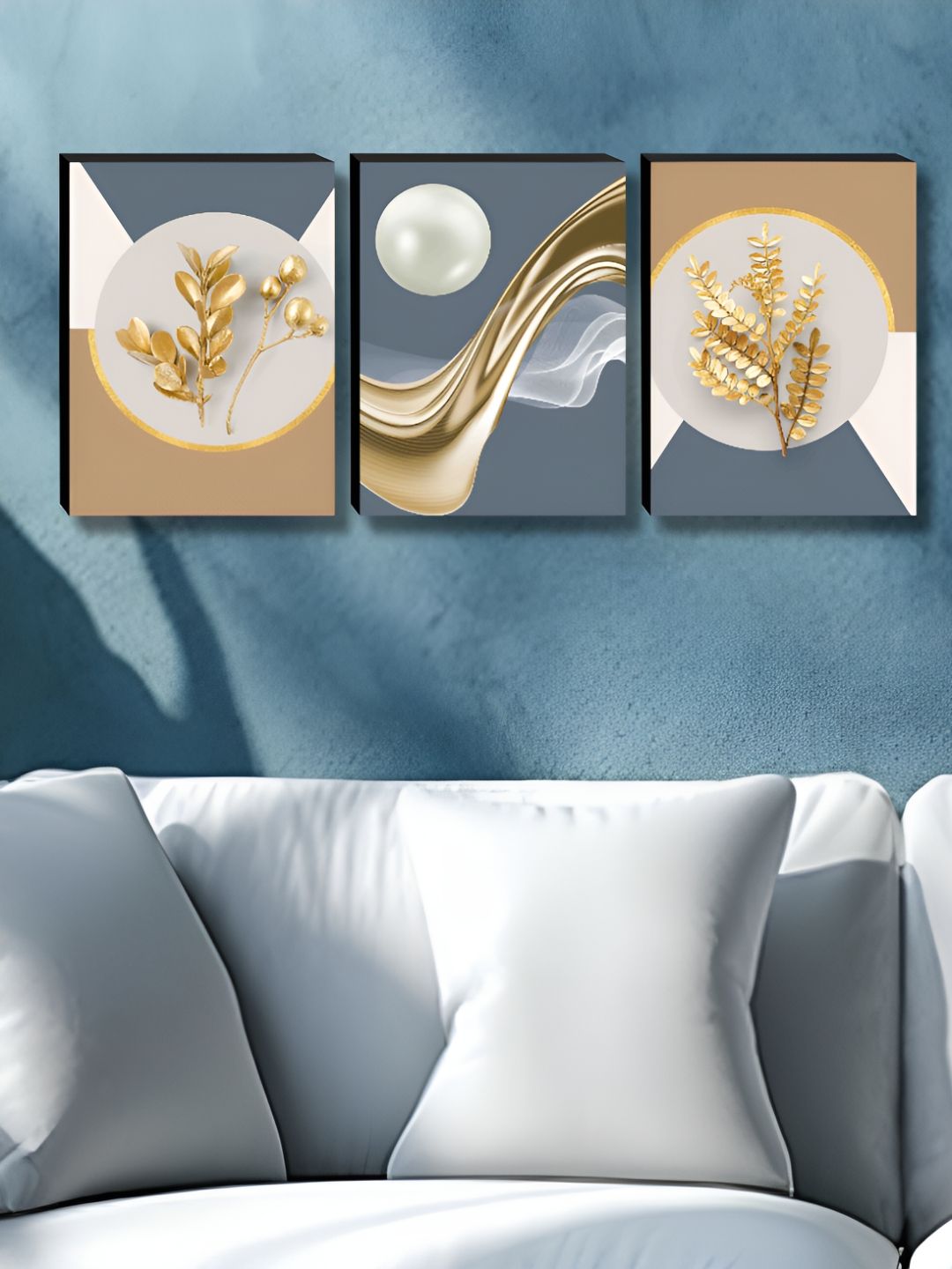 Livin'luxe Grey & Gold-Toned 3 Pieces Luxury Leaf & Pearl Abstract Wall Arts-picture-41