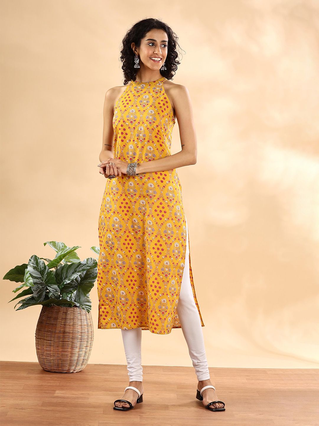 Anouk Women Floral Printed Halter Neck Thread Work Kurta-picture-17