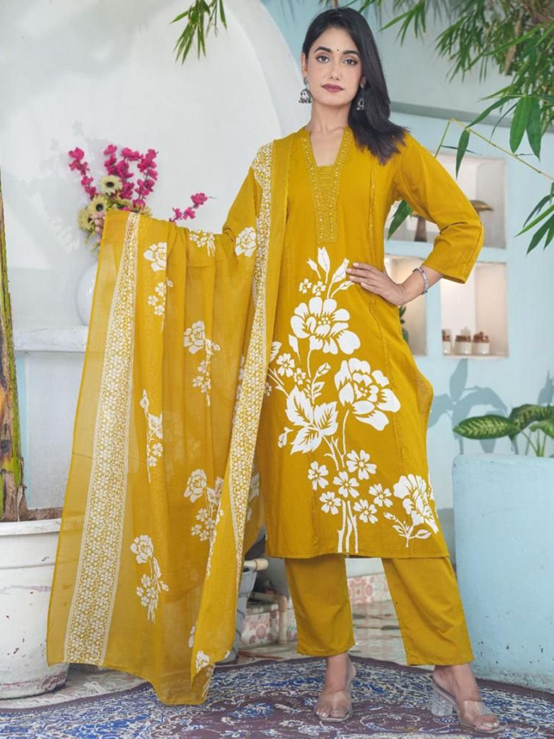 KALINI Floral Printed Square Neck Pure Cotton Kurta With Trousers & Dupatta
