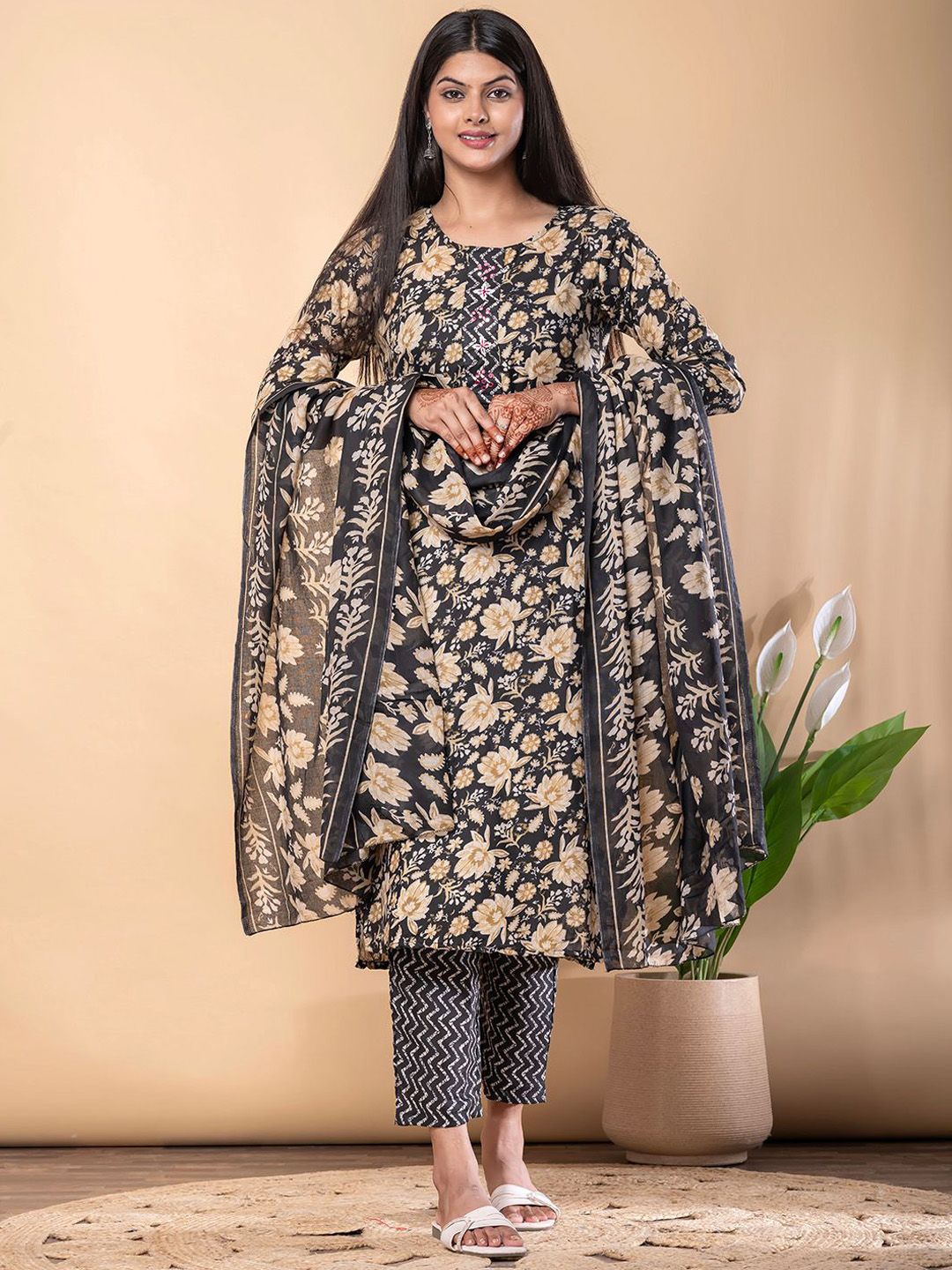 Readiprint Floral Printed Thread Work Pure Cotton Kurta With Trousers And Dupatta