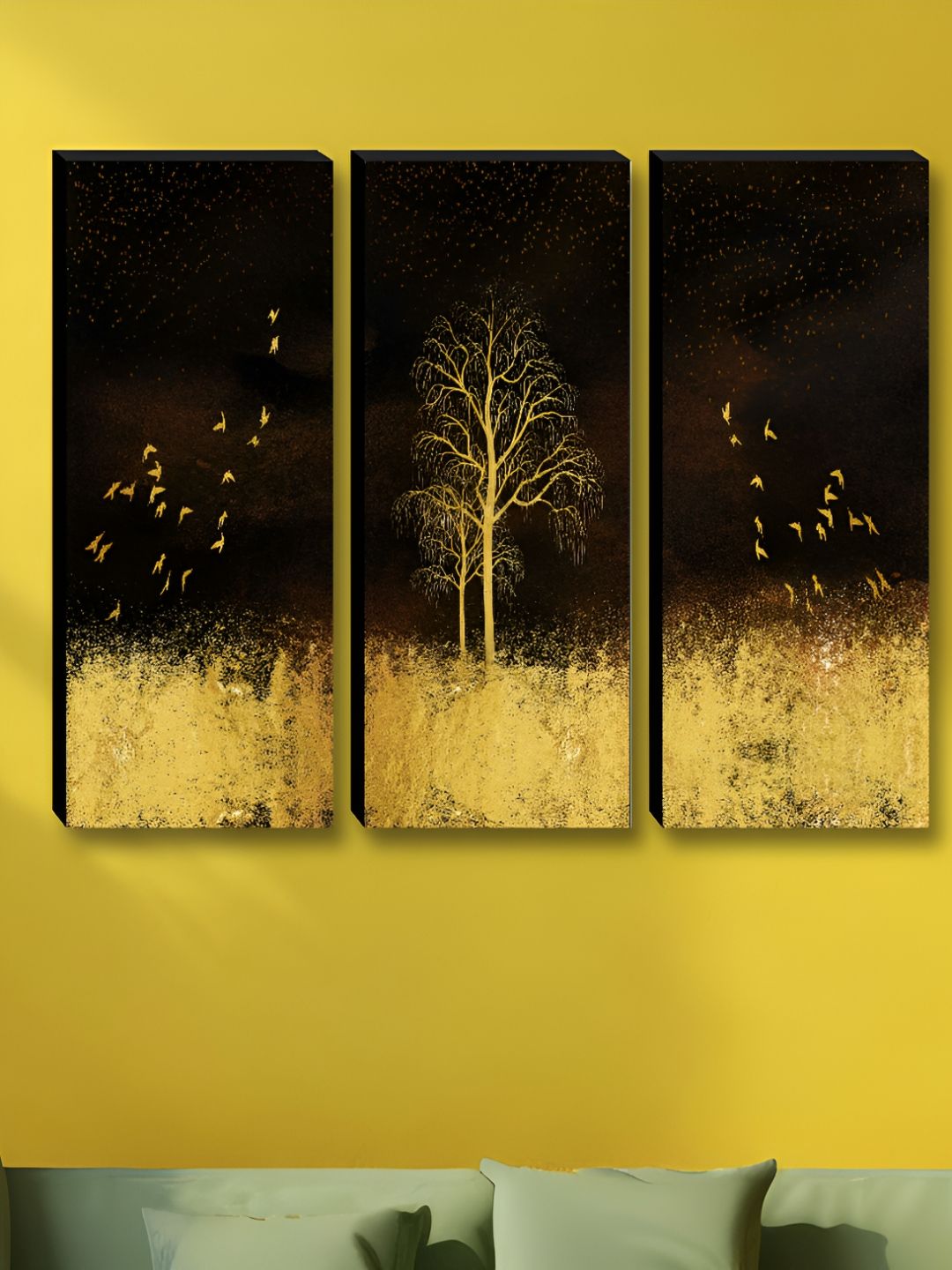 Livin'luxe Black & Gold-Toned 3 Pieces Tree & Birds Printed Wall Arts-picture-10