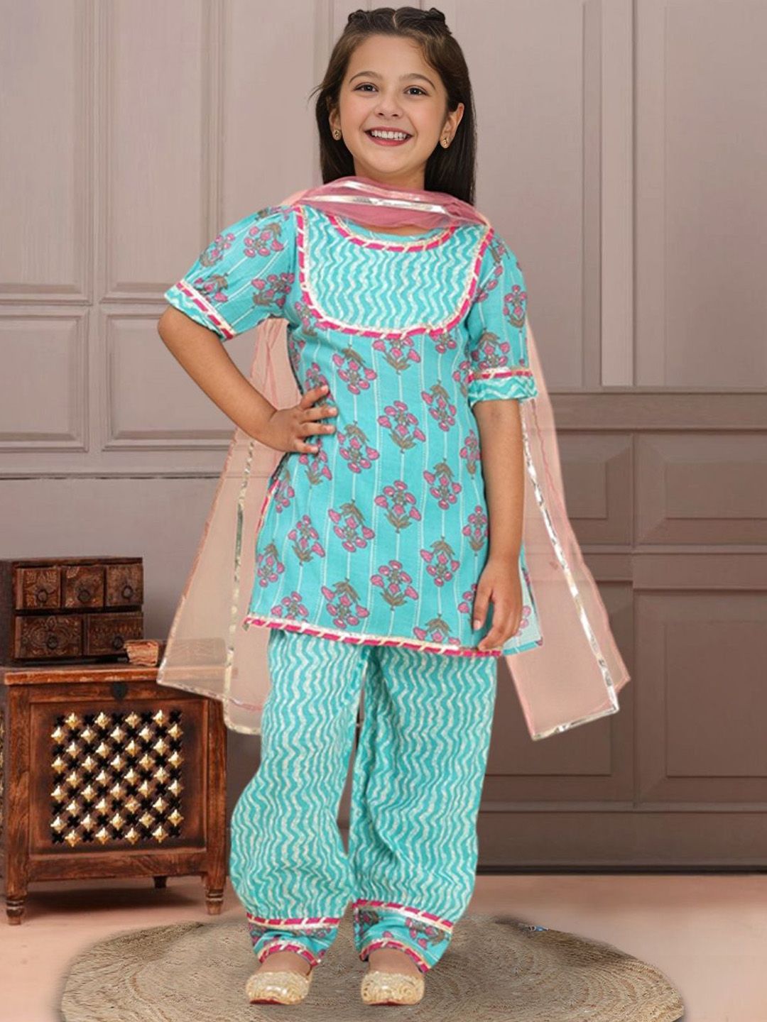 Cutiekins Girls Floral Printed Regular Gotta Patti Kurta with Palazzos & With Dupatta-picture-46