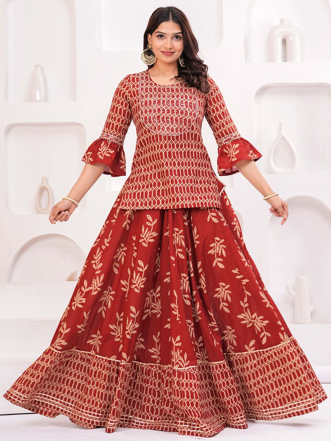 KALINI Women Ethnic Motifs Printed Cotton A-Line Kurti with Skirt & Dupatta