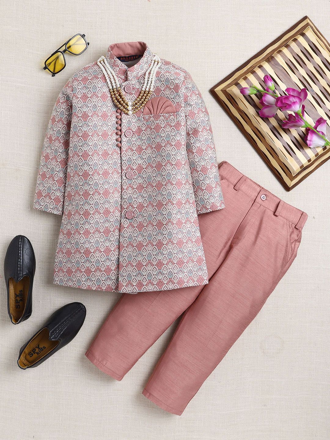 ahhaaaa Boys Floral Printed Regular Thread Work Dupion Silk Kurta with Pyjamas-picture-33