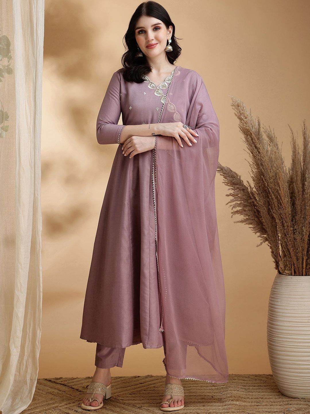 KALINI Women Solid A-Line Kurta with Trousers & Dupatta