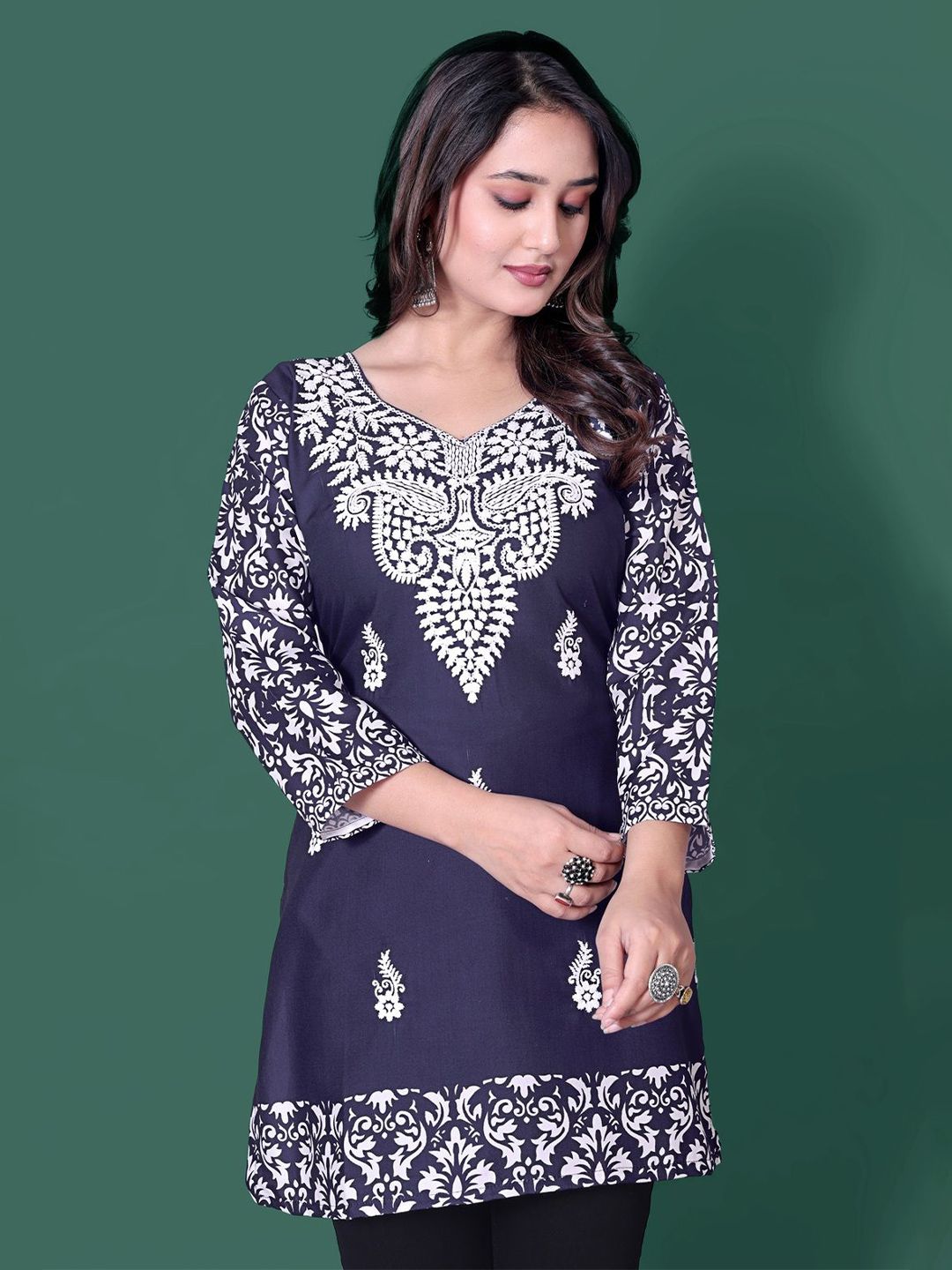 RUDRA LIFESTYLE Floral Embroidered V-Neck Thread Work Pure Cotton Thread Work Kurti-picture-47