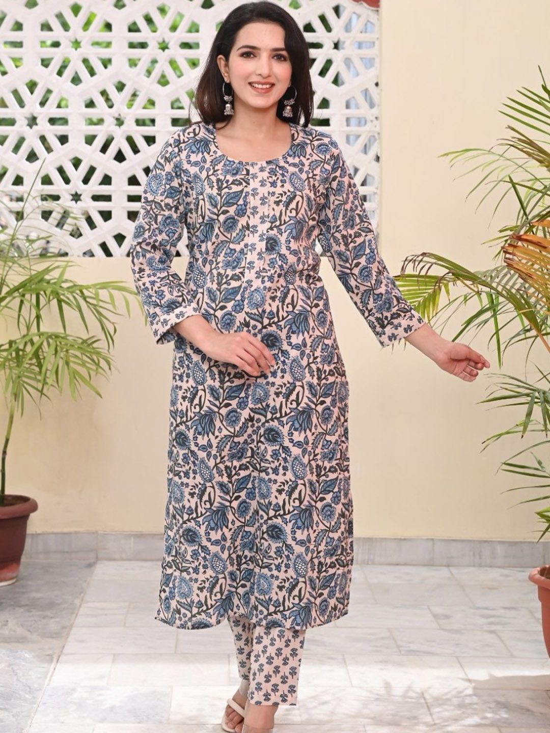 KALINI Women Floral Printed Cotton Kurta with Trousers