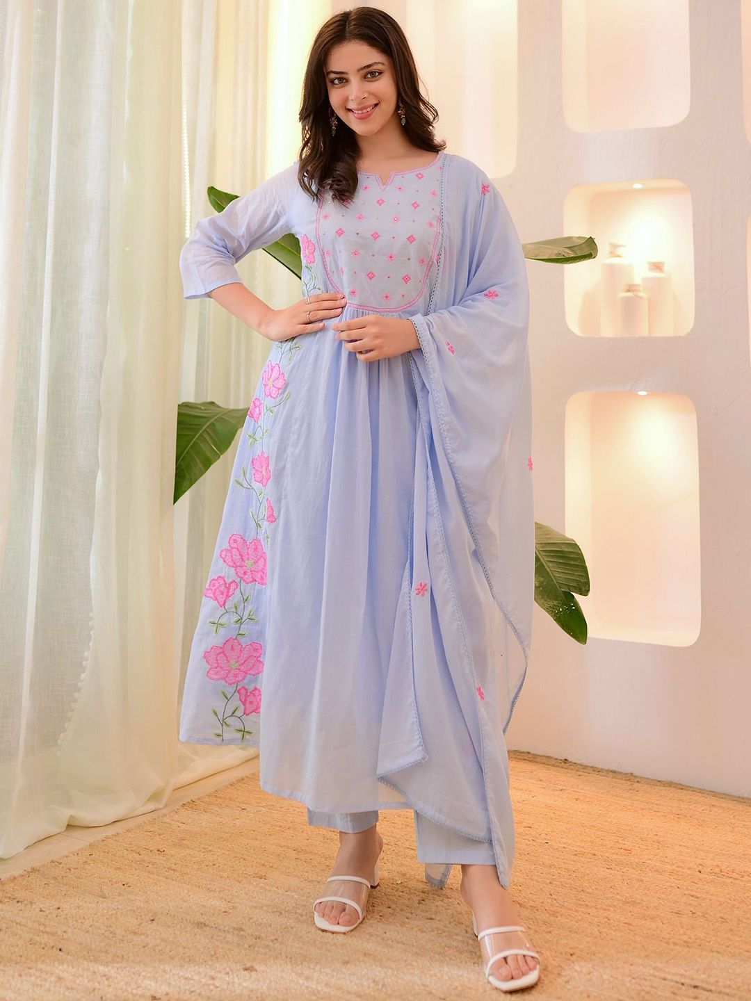 KALINI Floral Embroidered A-Line Thread Work Kurta With Trousers & Dupatta