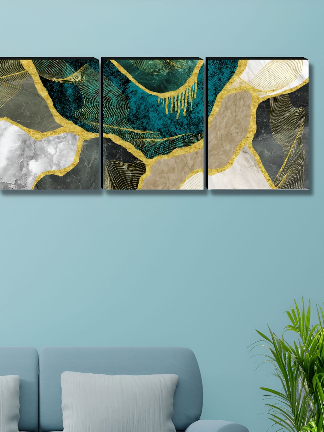 Livin'luxe Teal & Gold-Toned 3 Pieces Textured Marble Printed Wall Arts-picture-40
