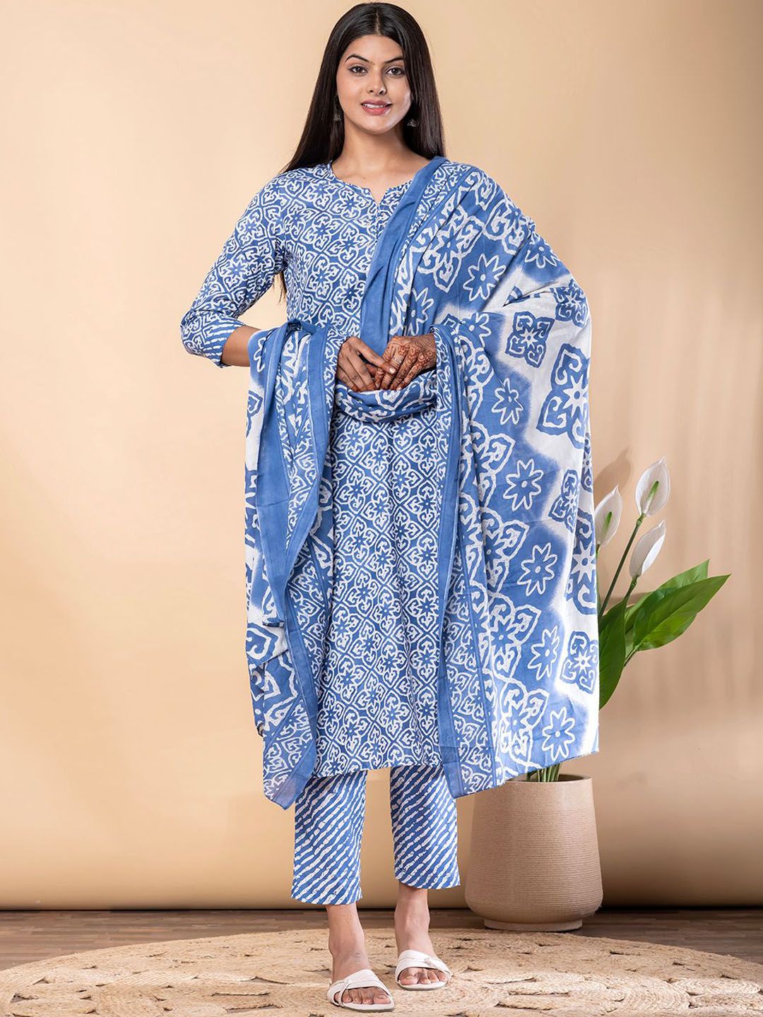 Readiprint Floral Printed Straight Pure Cotton Kurta With Palazzos & Dupatta